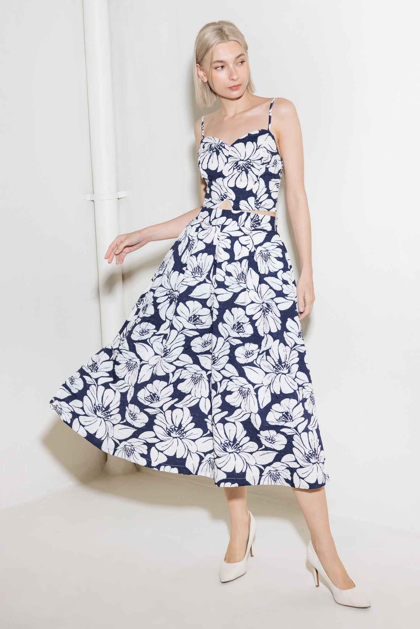 PLAIN OPTIMISM NAVY WOVEN MIDI SKIRT