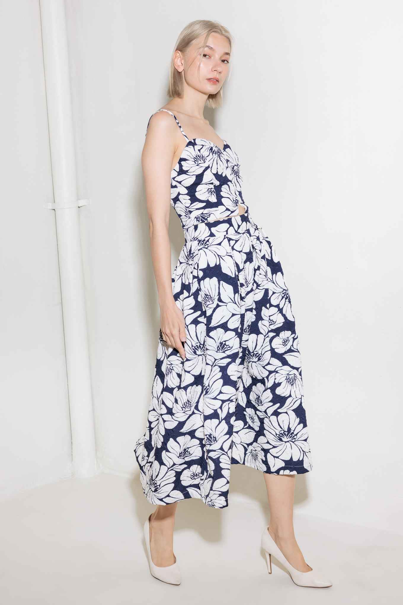 PLAIN OPTIMISM NAVY WOVEN MIDI SKIRT