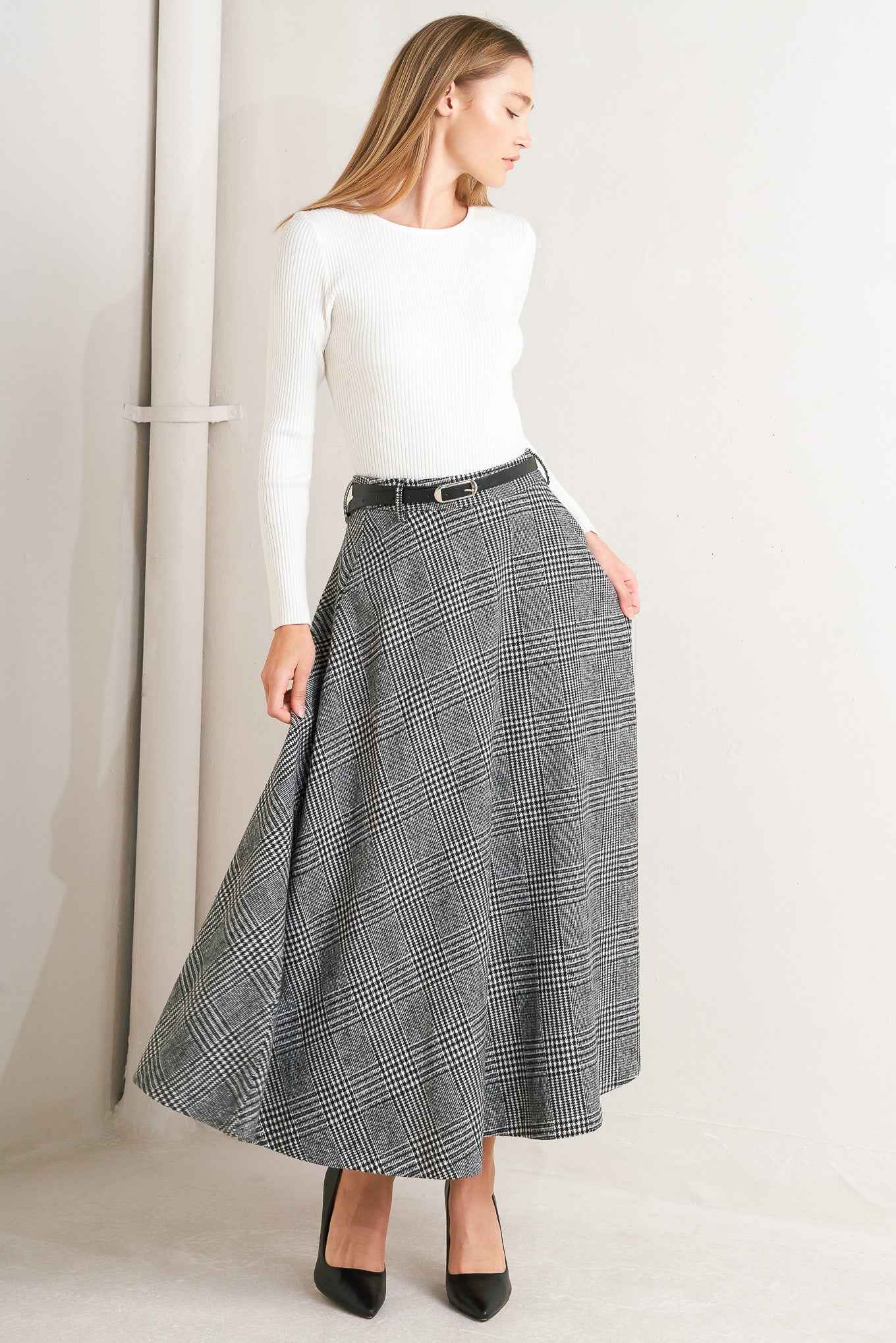 CITY CHECKLINE WOOLEN WOVEN MIDI SKIRT