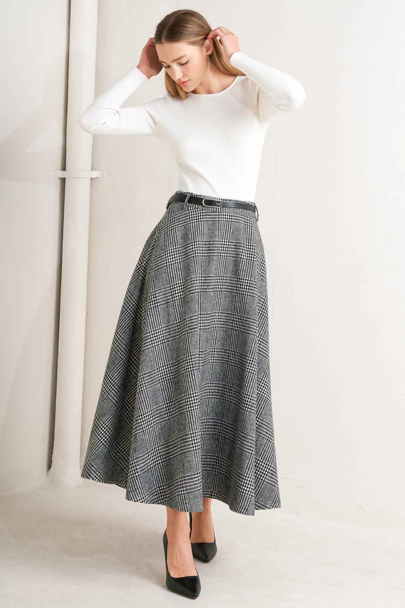 CITY CHECKLINE WOOLEN WOVEN MIDI SKIRT
