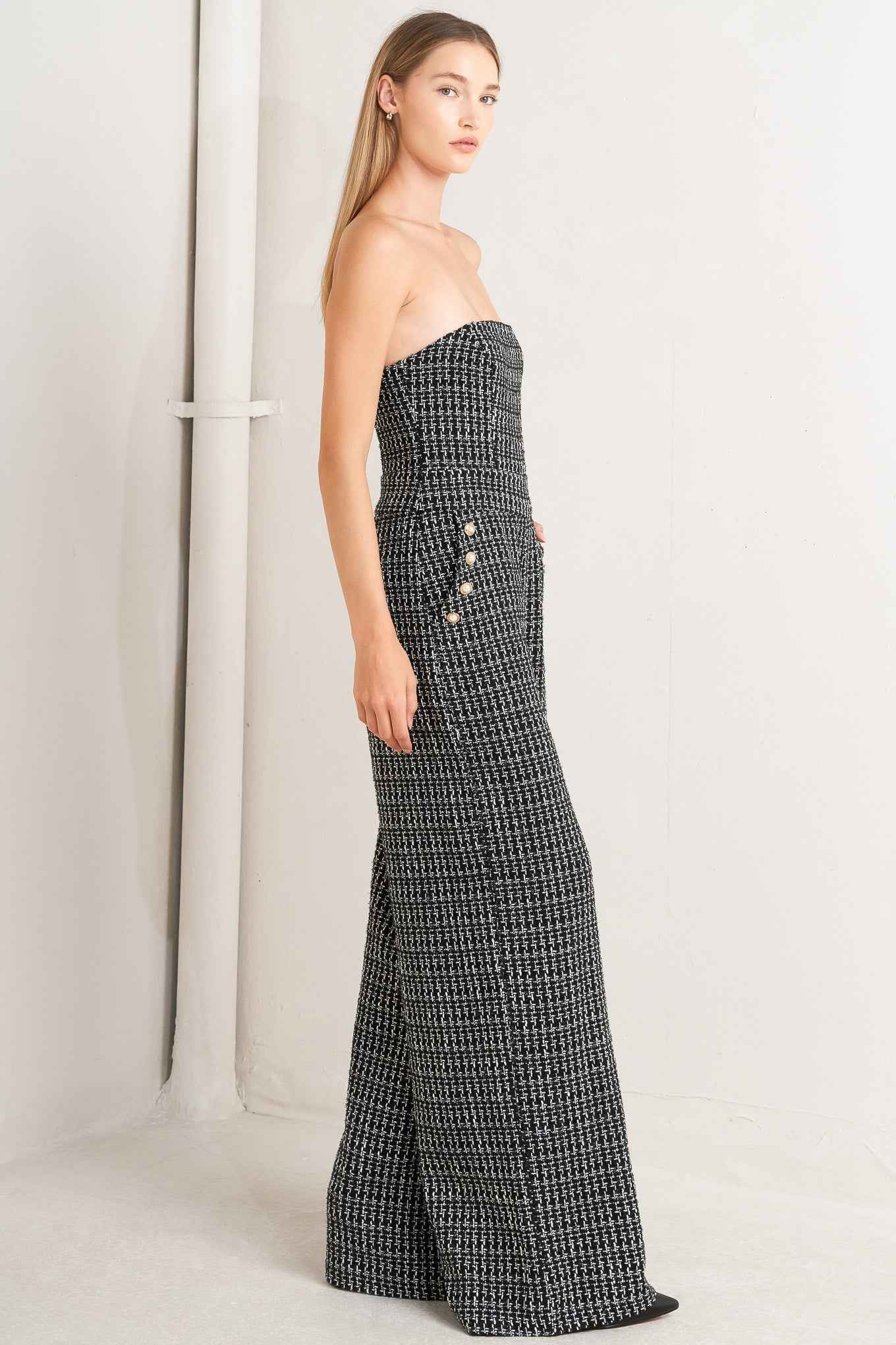 HAUTE STRAPLESS TWEED JUMPSUIT
