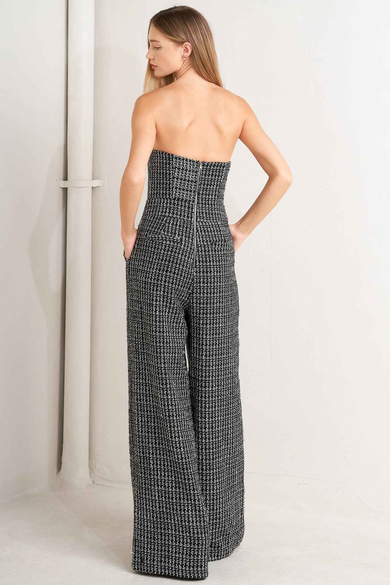 HAUTE STRAPLESS TWEED JUMPSUIT