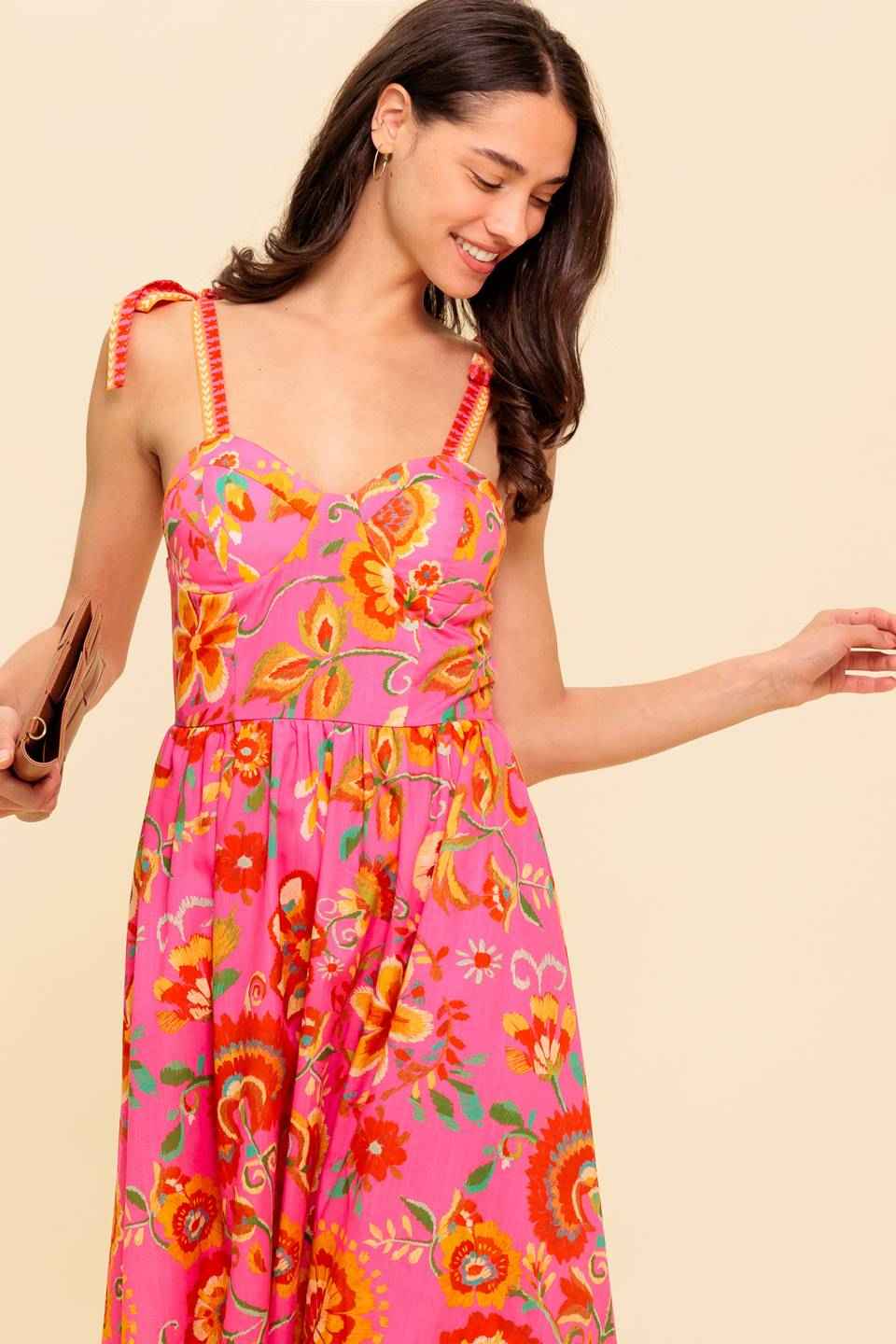 GARDEN GATHERING PINK WOVEN MIDI DRESS