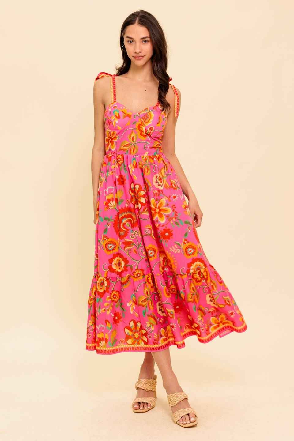 GARDEN GATHERING PINK WOVEN MIDI DRESS