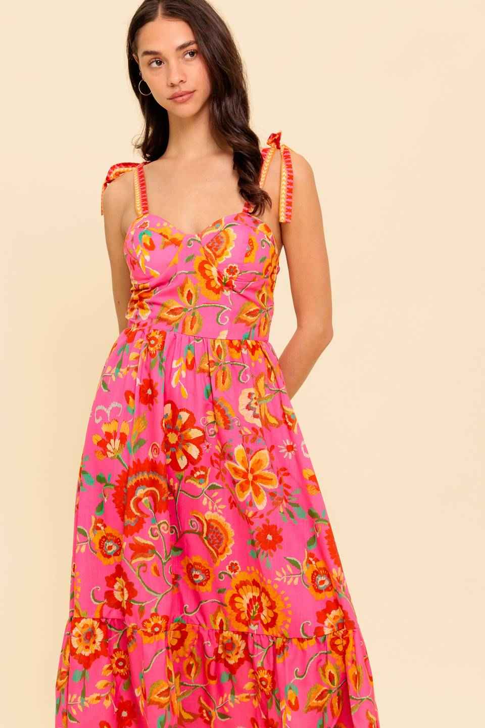 GARDEN GATHERING PINK WOVEN MIDI DRESS