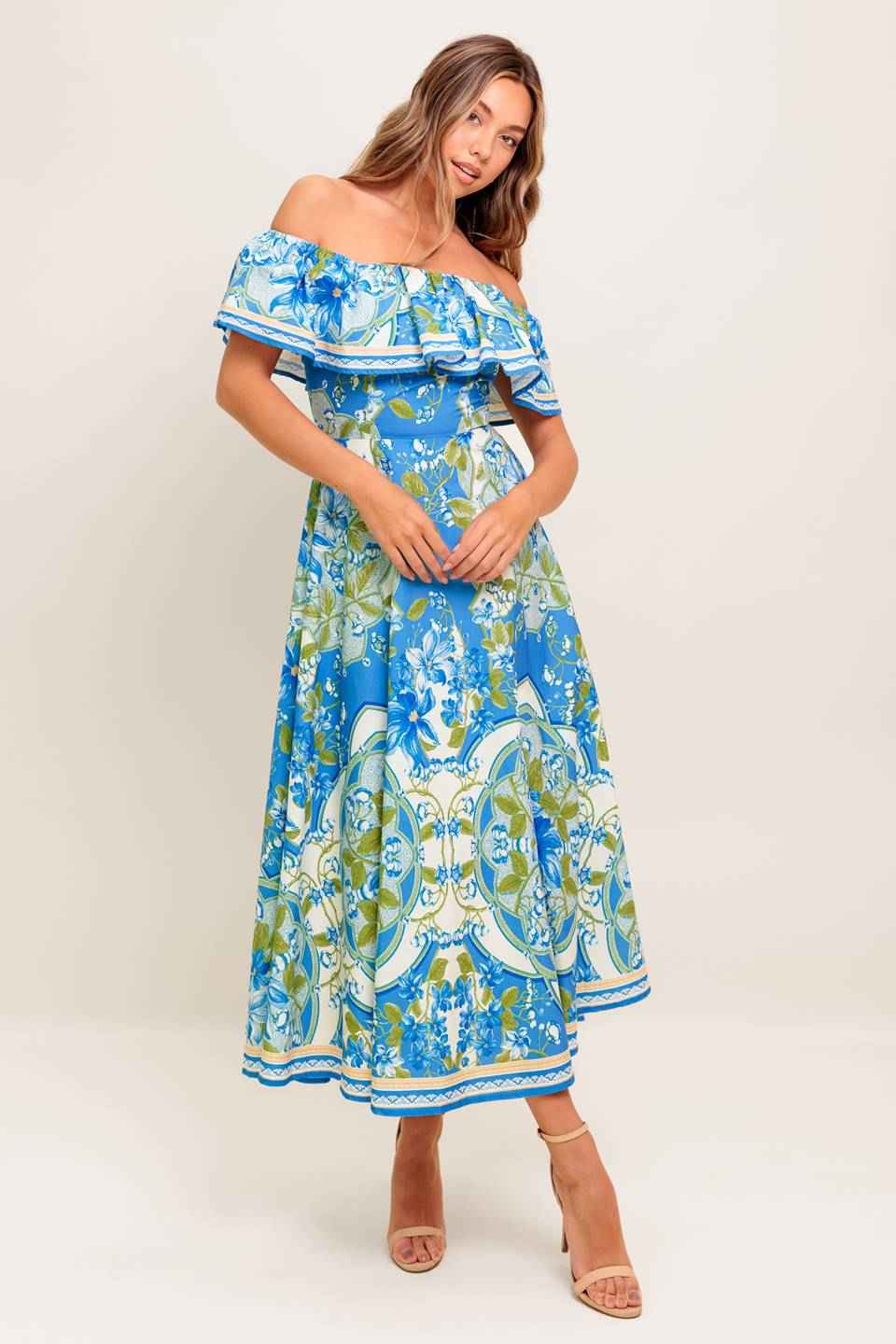 TROPICAL HAZE POWDER BLUE WOVEN MIDI DRESS