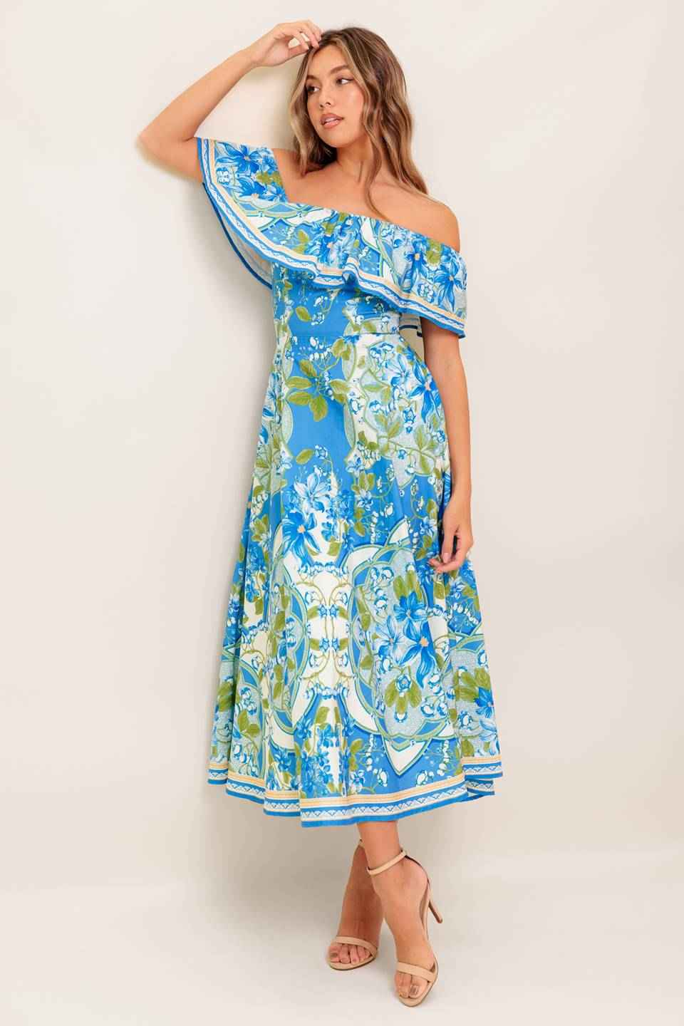 TROPICAL HAZE POWDER BLUE WOVEN MIDI DRESS