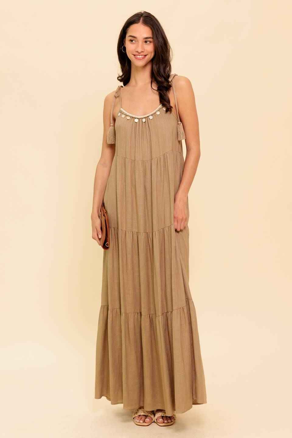WORLD OF POSSIBLILITIES TAUPE WOVEN MAXI DRESS