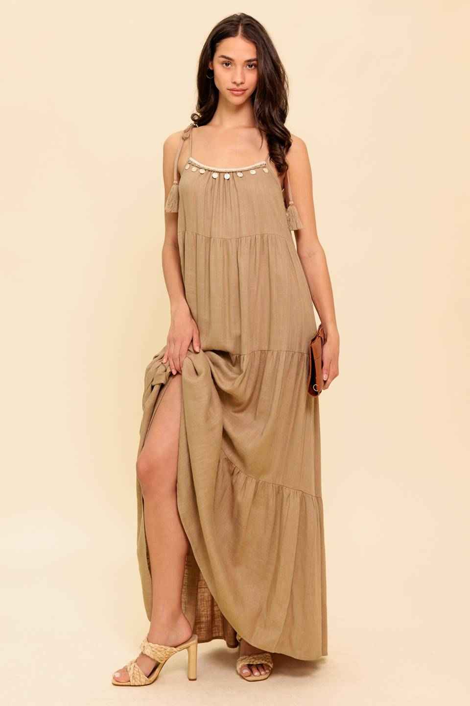 WORLD OF POSSIBLILITIES TAUPE WOVEN MAXI DRESS