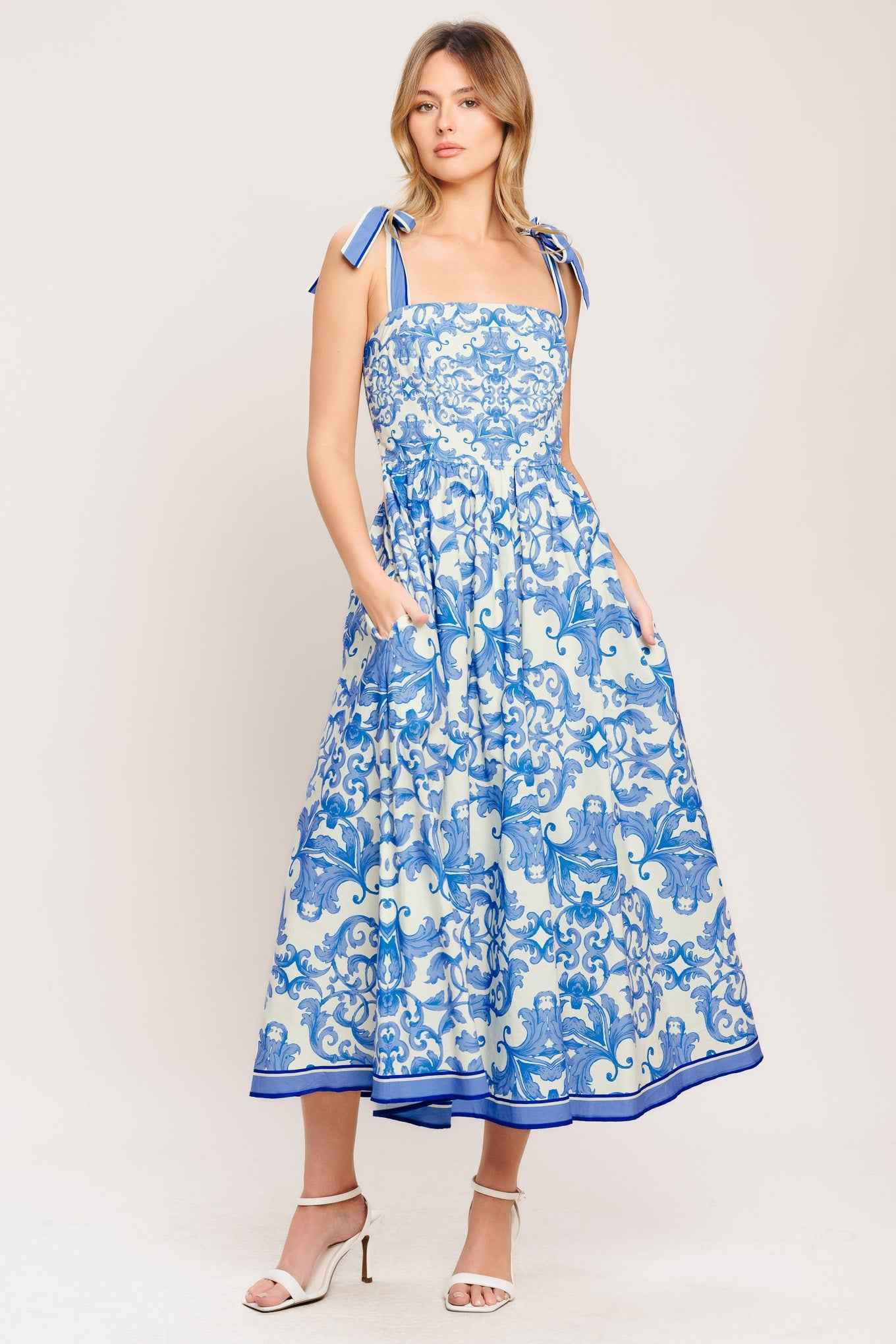 AZURE SCROLL WOVEN MIDI DRESS