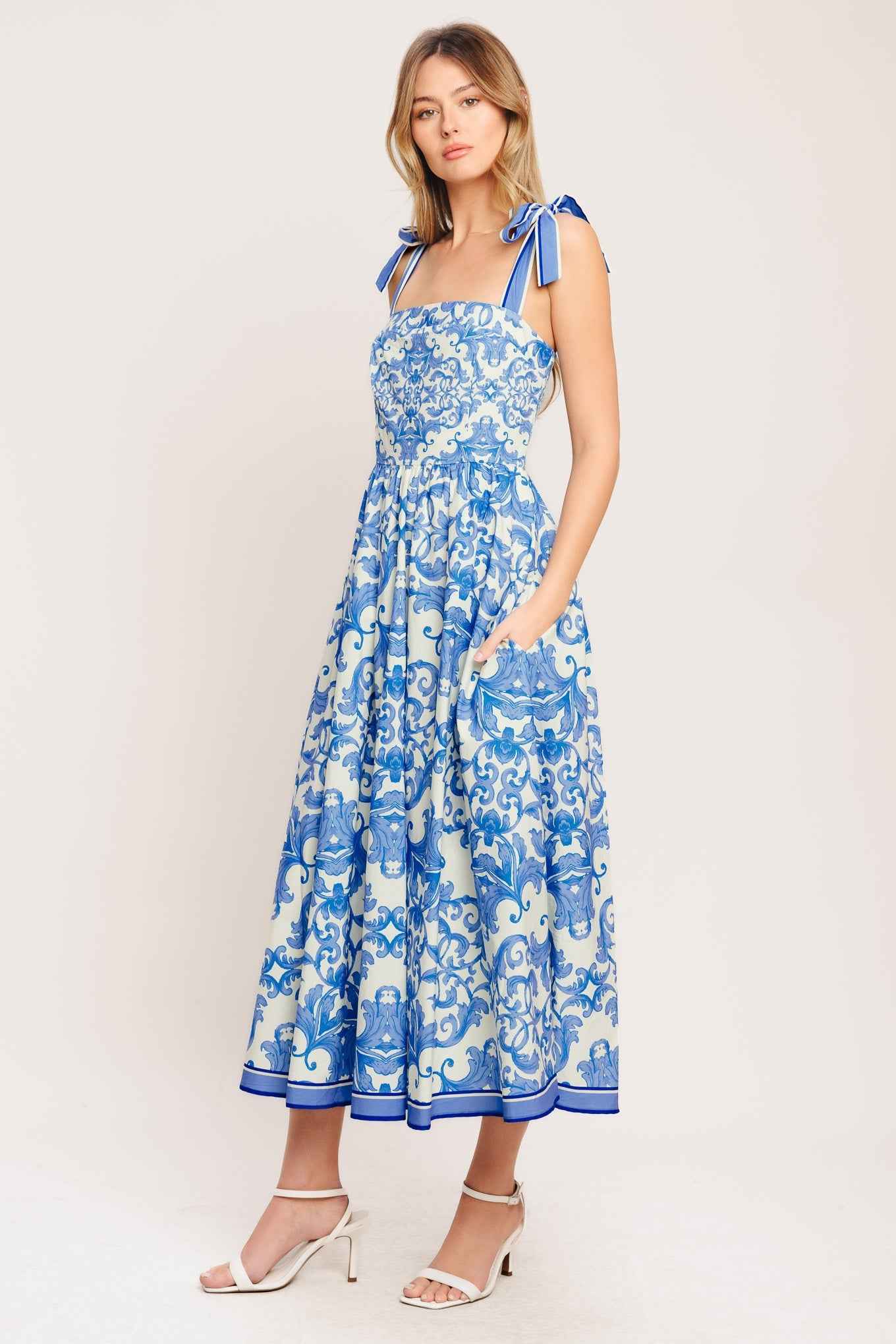 AZURE SCROLL WOVEN MIDI DRESS