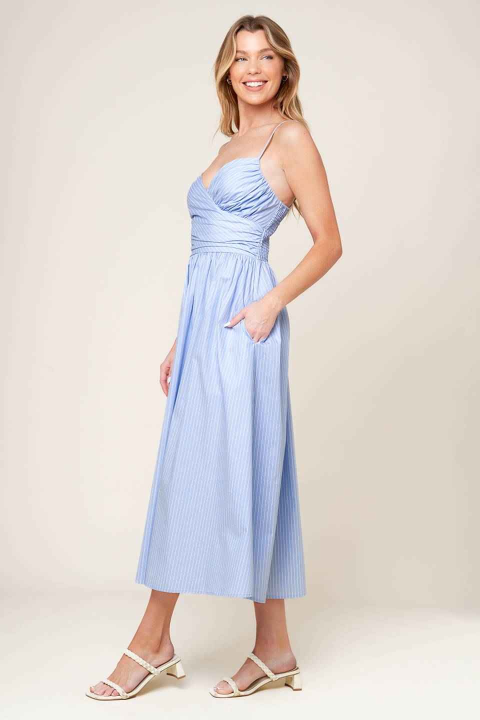 SUMMER INVITE PASTEL BLUE WOVEN MIDI DRESS