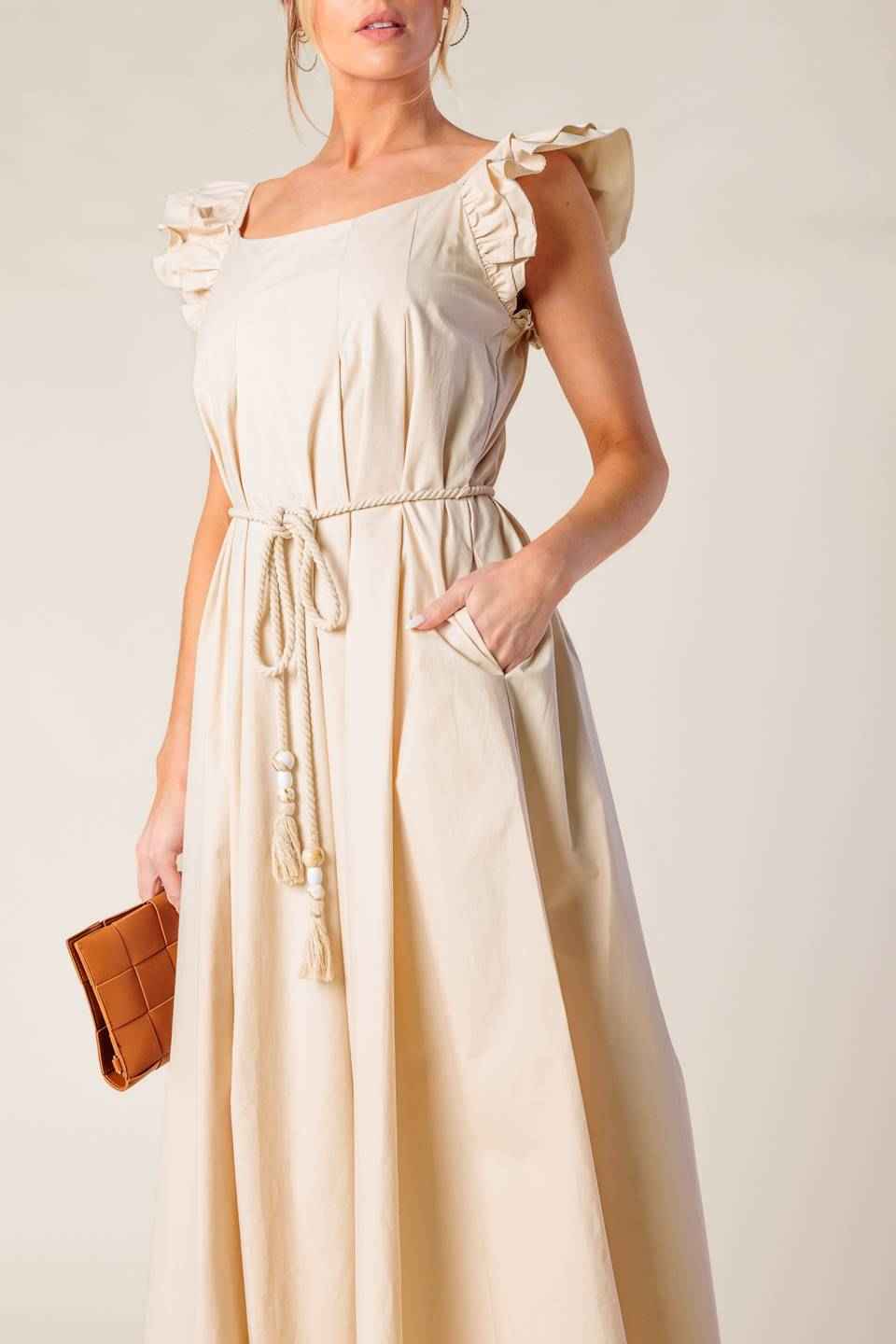 CHAMPAGNE TOAST TAUPE WOVEN MIDI DRESS