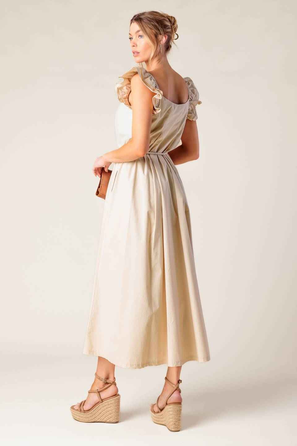 CHAMPAGNE TOAST TAUPE WOVEN MIDI DRESS