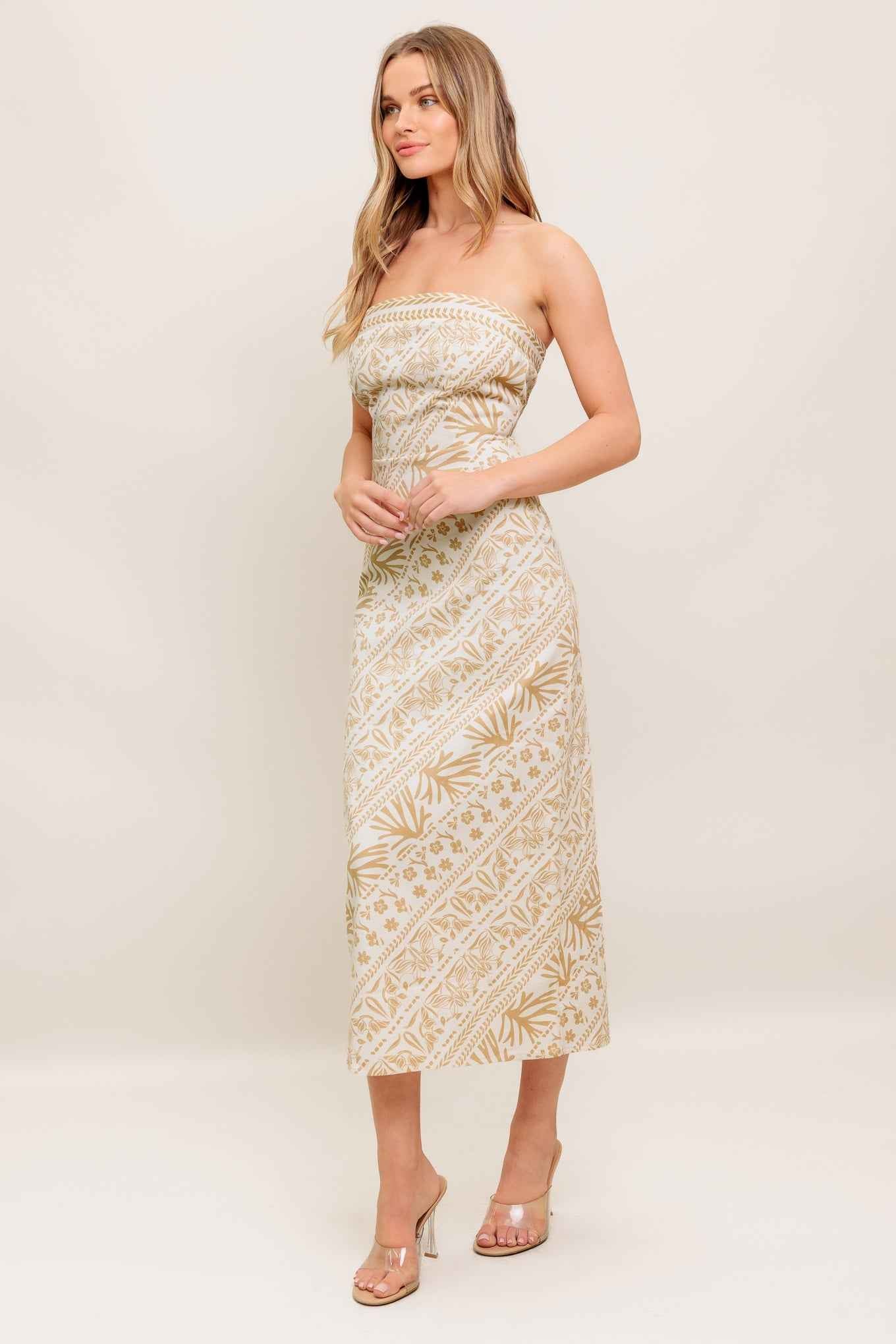 BOHO TROPIC DRAPE WOVEN MIDI DRESS