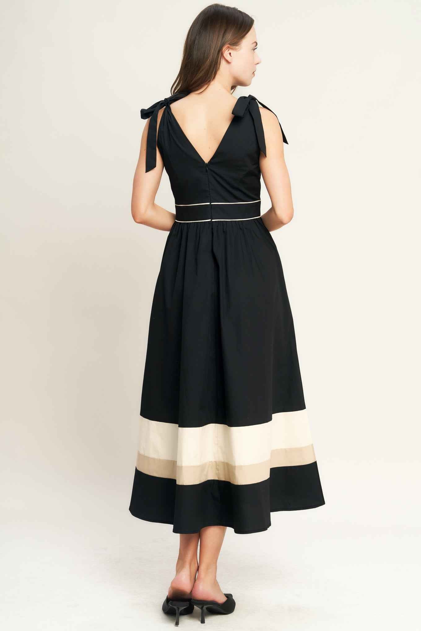 FOREST CHARM BLACK CREAM WOVEN MIDI DRESS