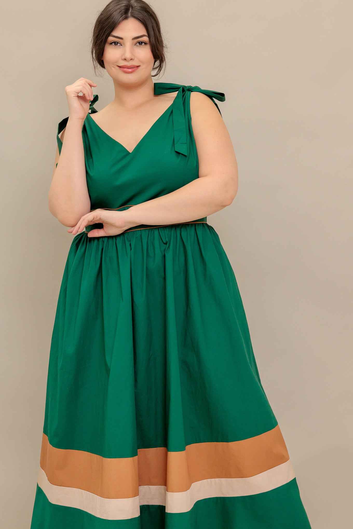 FOREST CHARM WOVEN COLOR BLOCKED MIDI DRESS