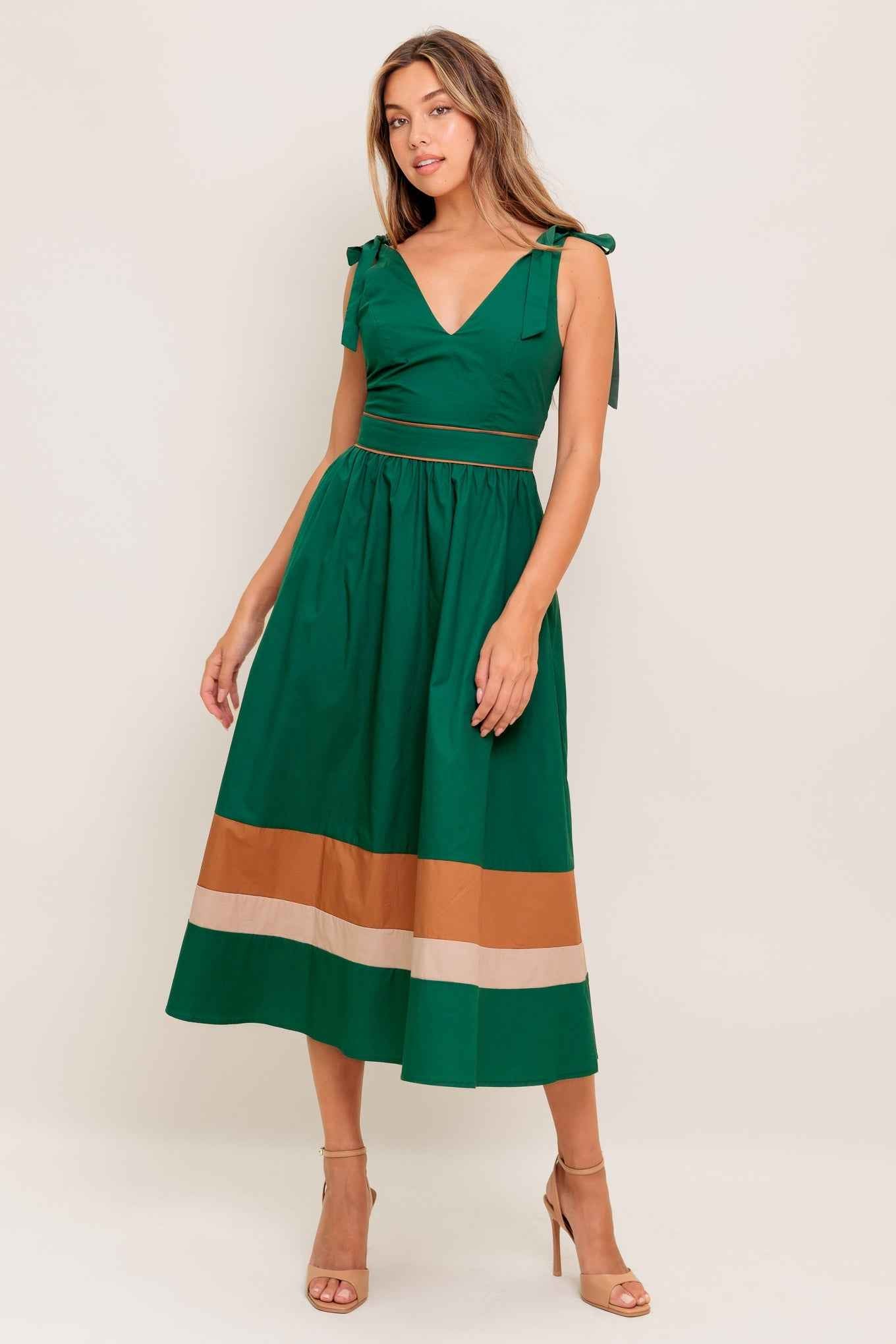 FOREST CHARM WOVEN COLOR BLOCKED MIDI DRESS