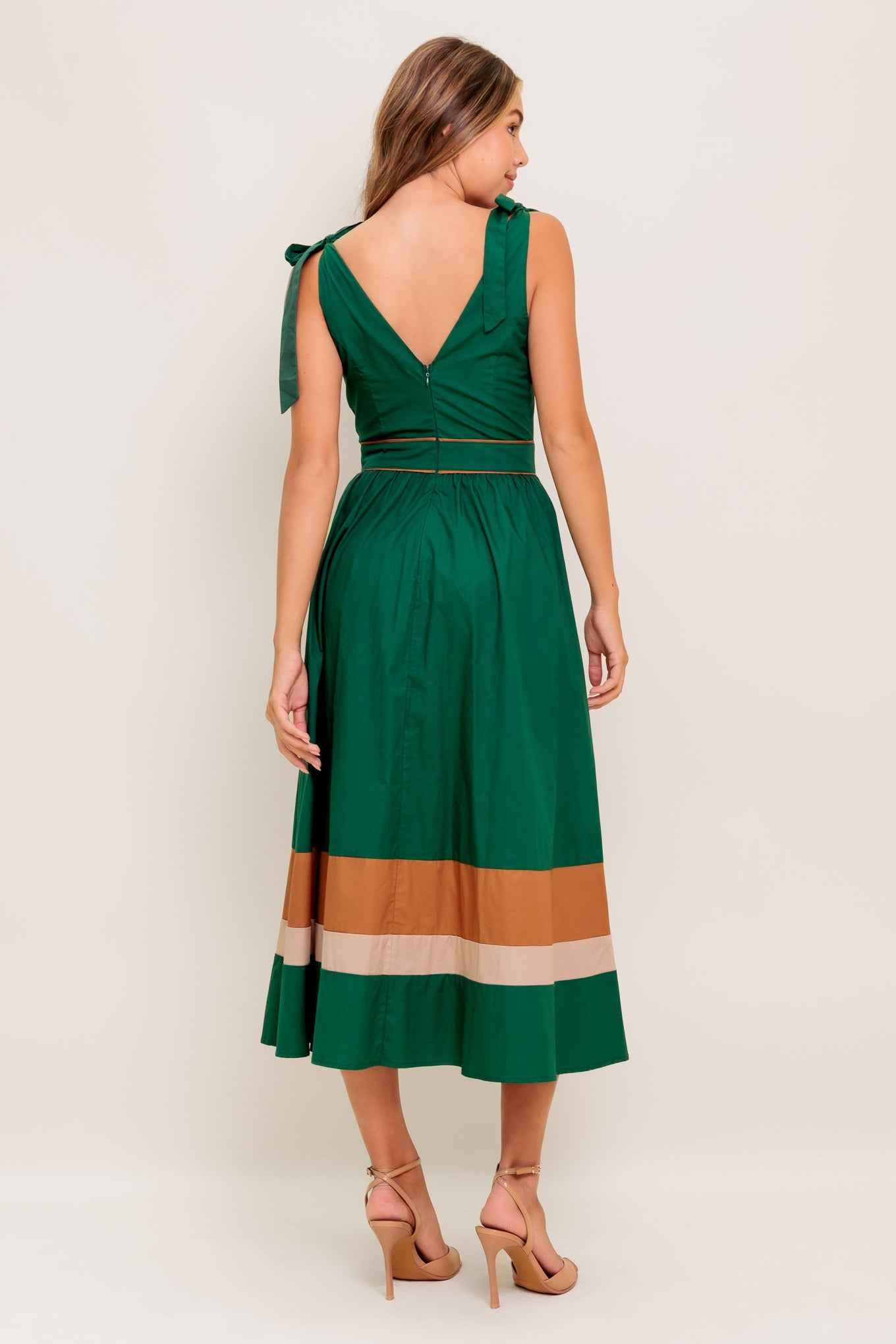 FOREST CHARM WOVEN COLOR BLOCKED MIDI DRESS