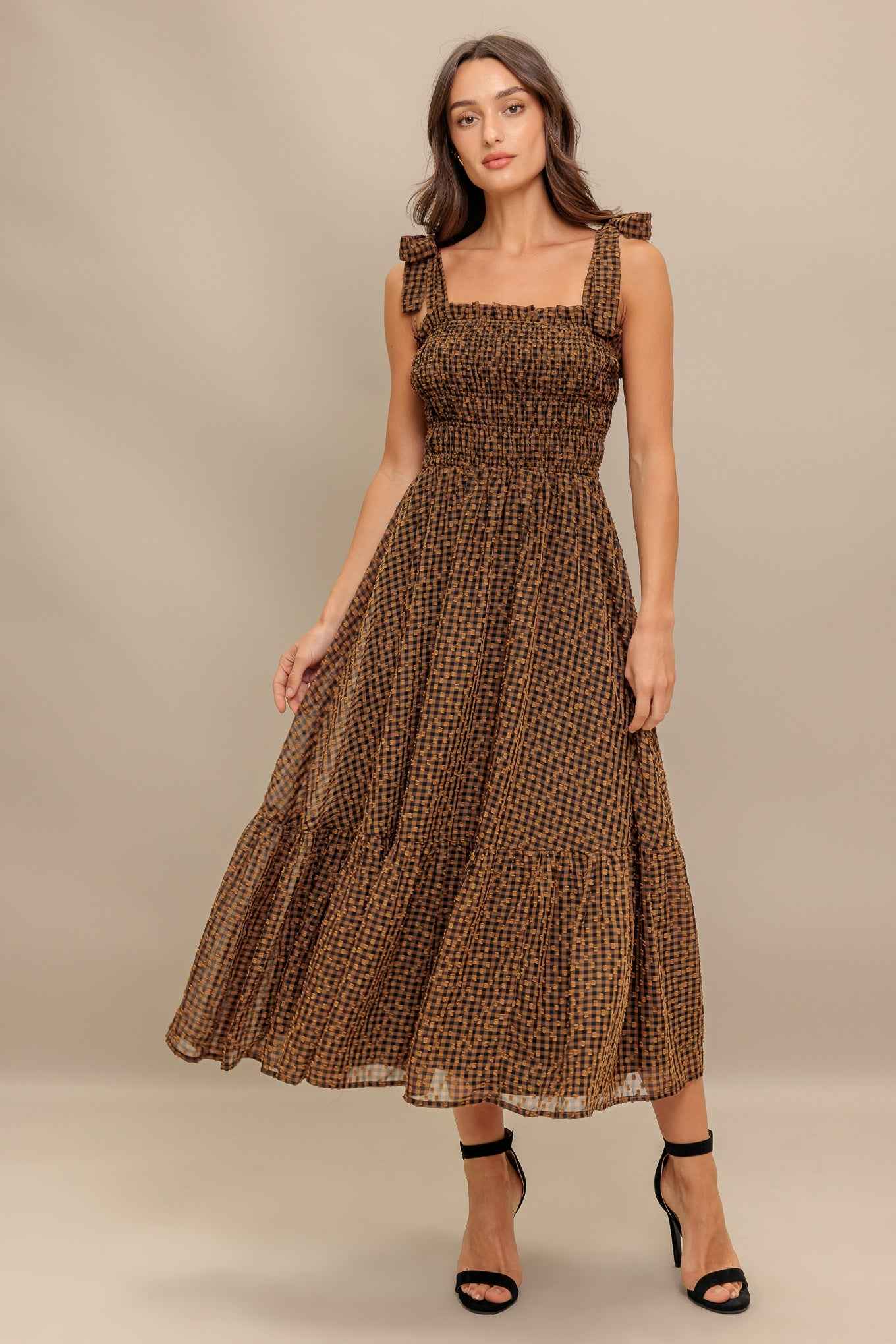 CHECKED DAYDREAM WOVEN MIDI DRESS