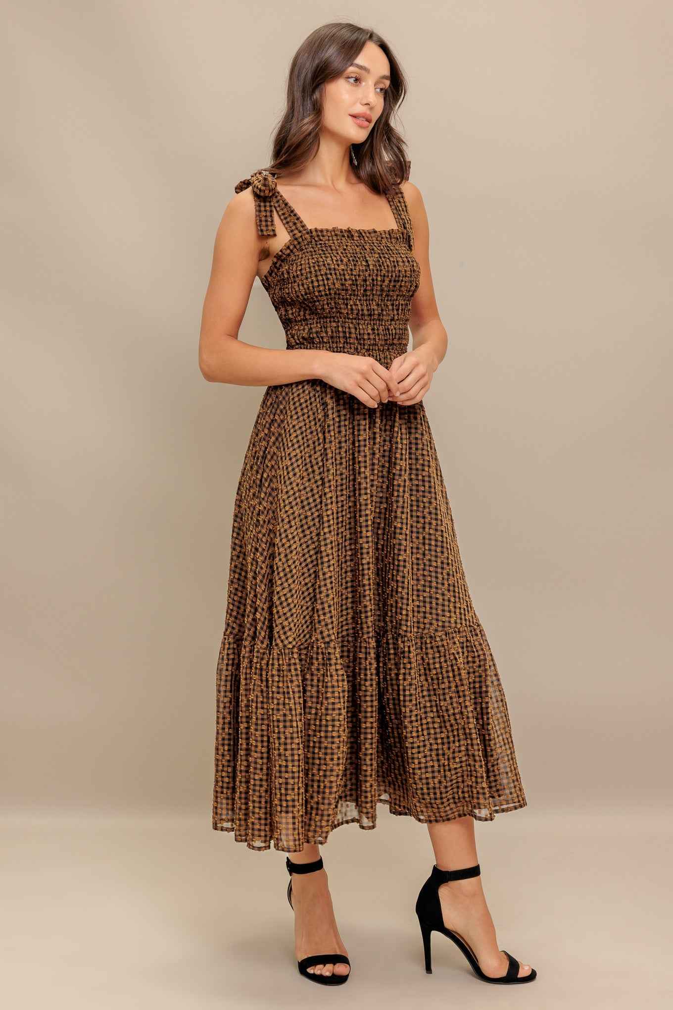 CHECKED DAYDREAM WOVEN MIDI DRESS