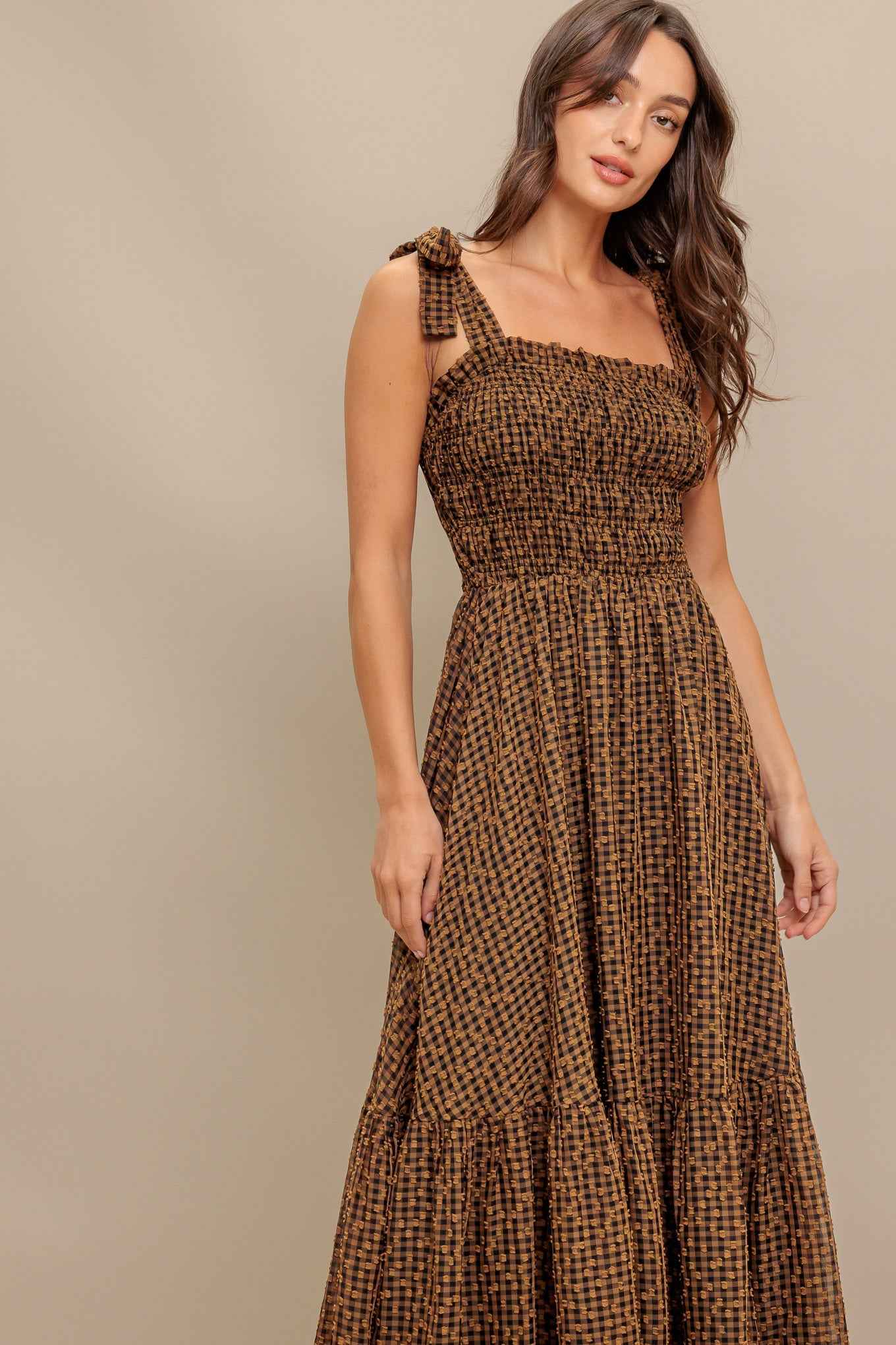 CHECKED DAYDREAM WOVEN MIDI DRESS