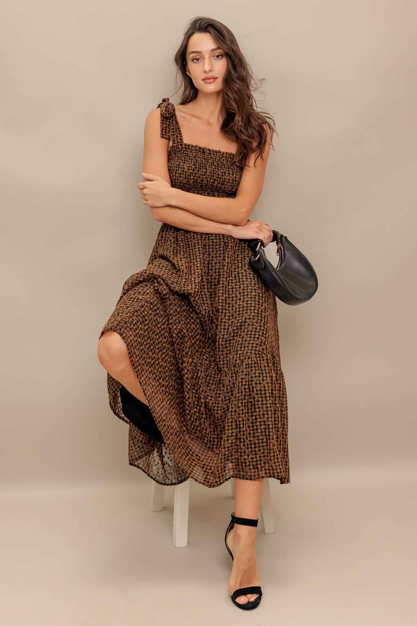 CHECKED DAYDREAM WOVEN MIDI DRESS