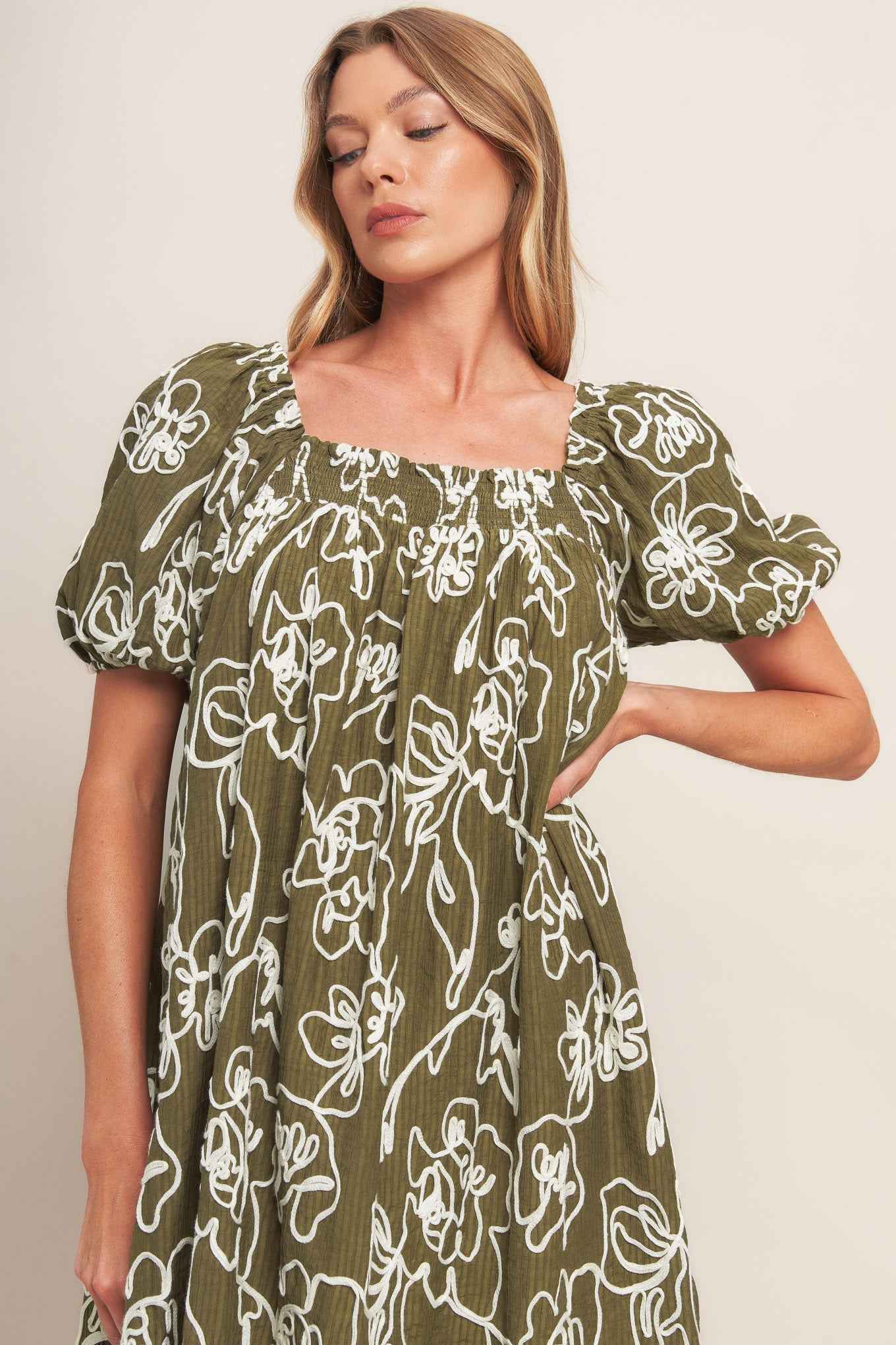 BOTANICAL OUTLINE WOVEN MINI DRESS