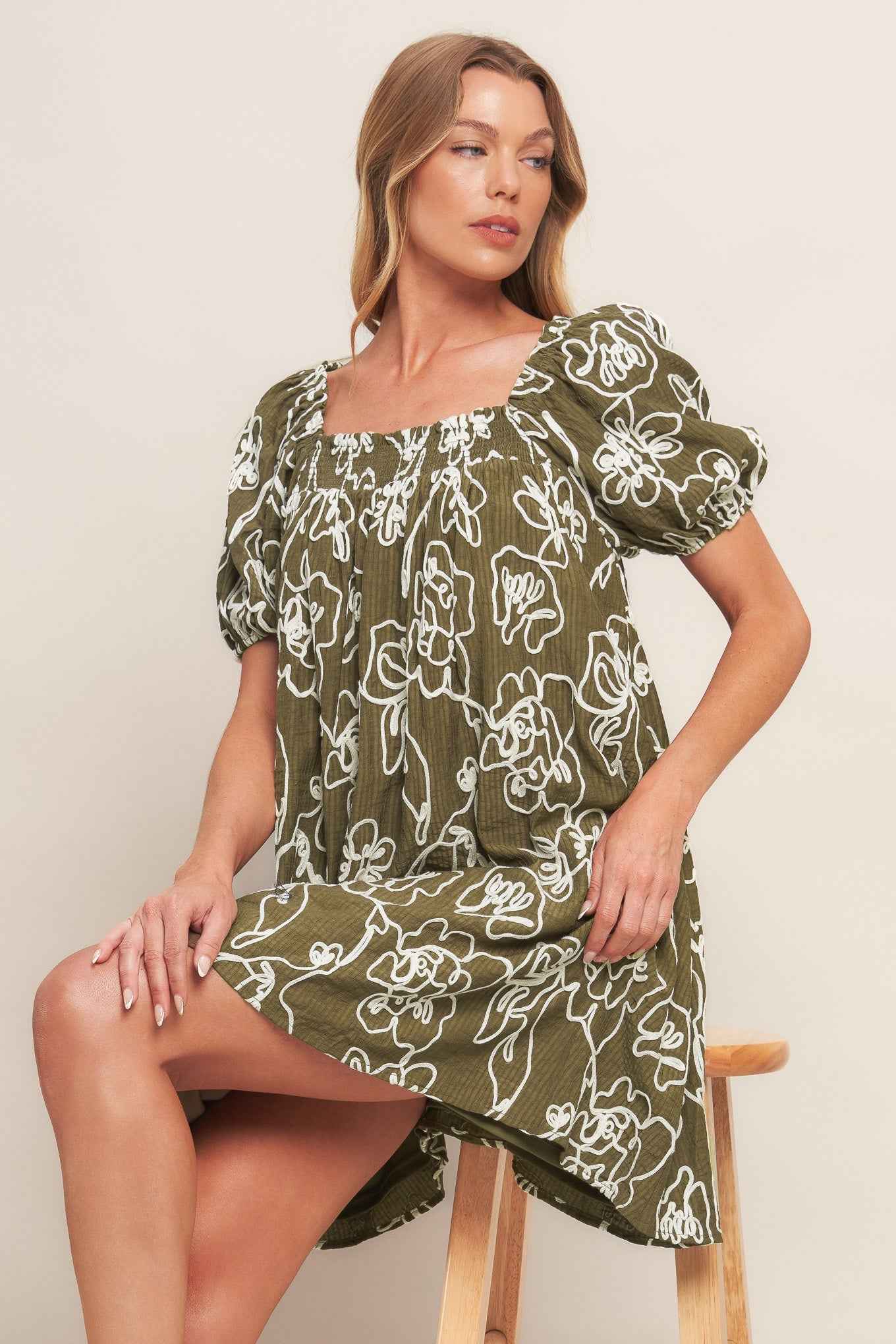 BOTANICAL OUTLINE WOVEN MINI DRESS