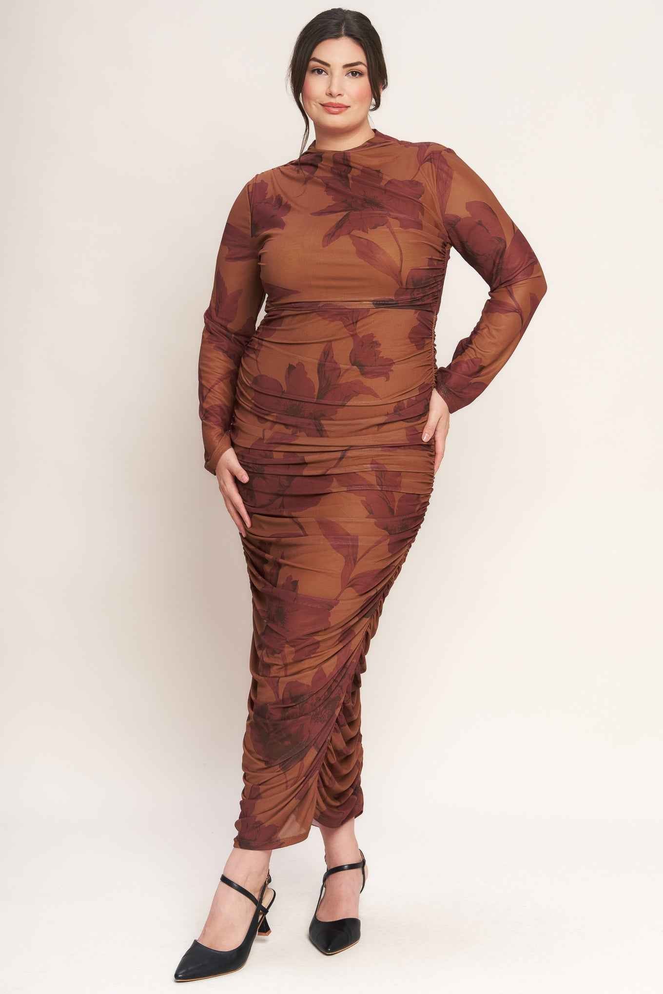 AMBER FLORA POWER MESH MIDI DRESS