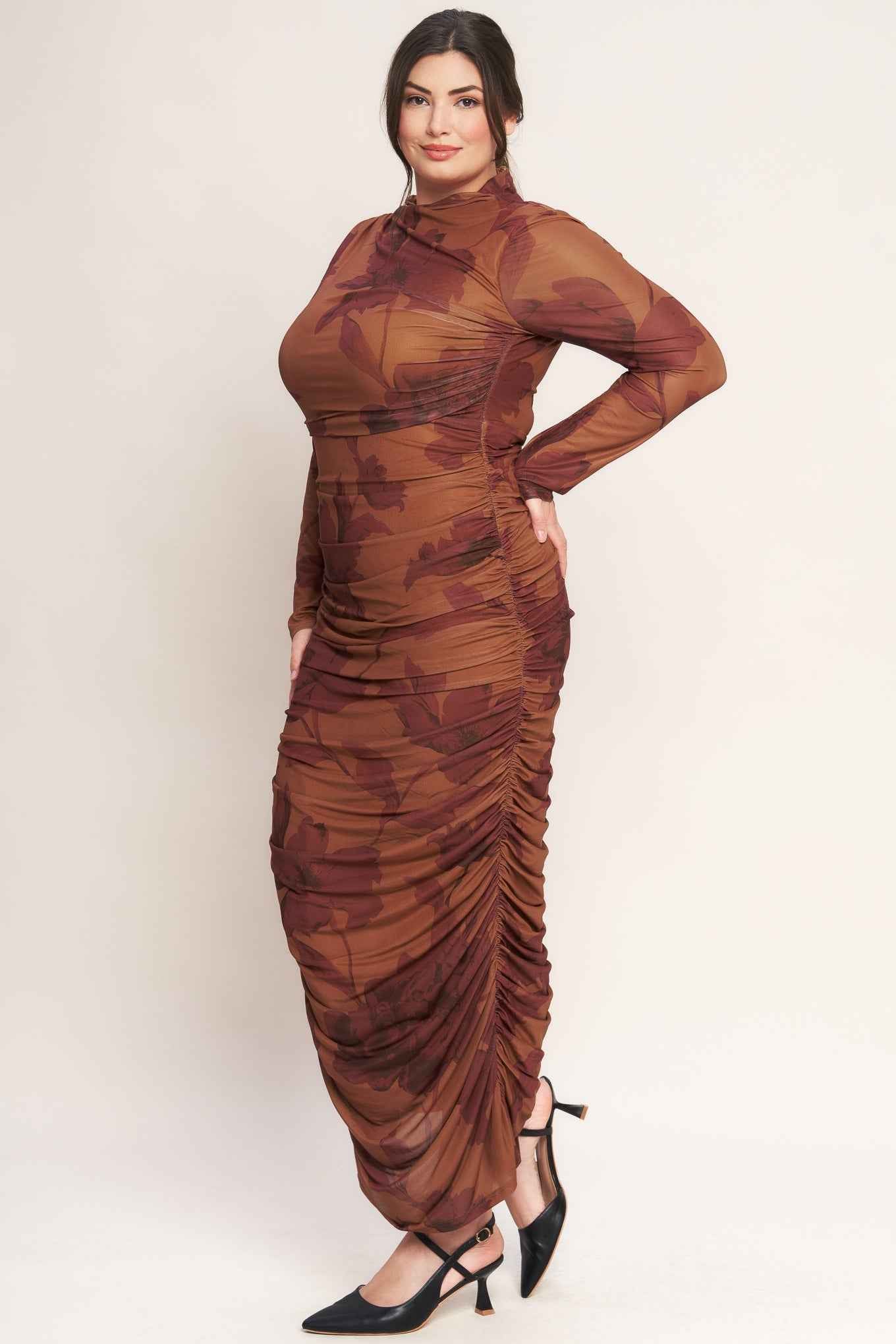 AMBER FLORA POWER MESH MIDI DRESS