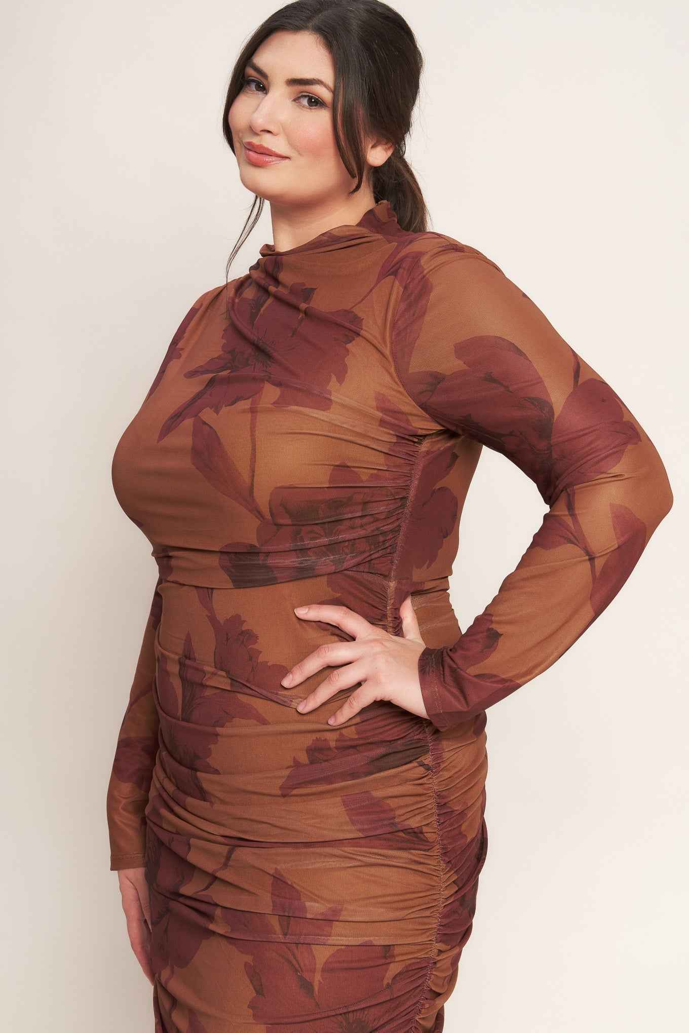 AMBER FLORA POWER MESH MIDI DRESS