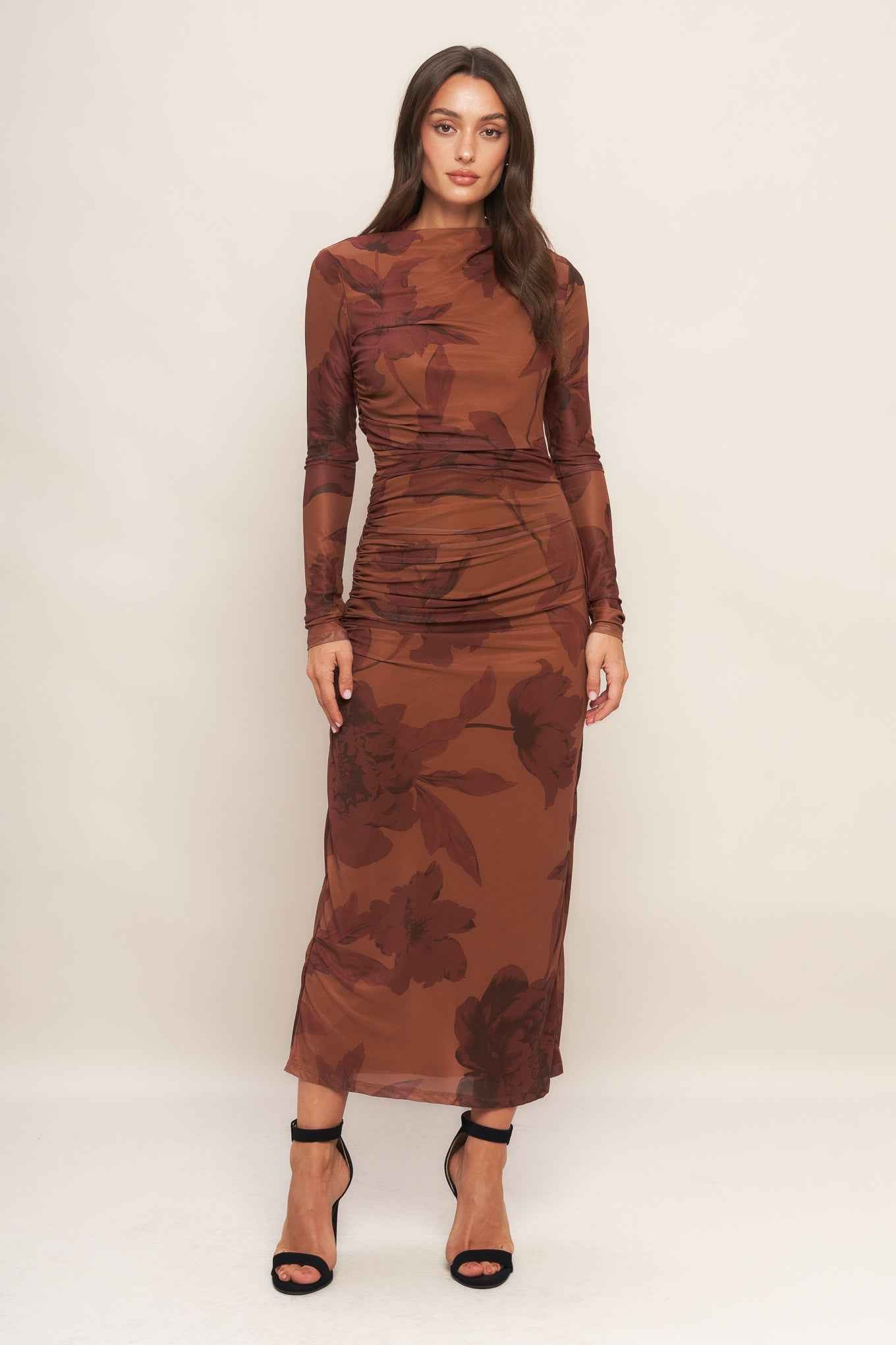 AMBER FLORA POWER MESH MIDI DRESS