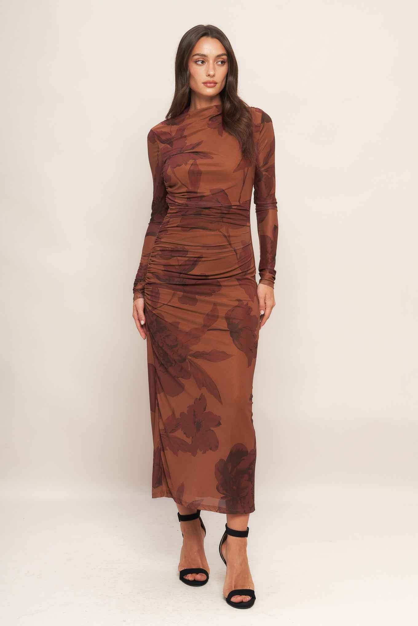 AMBER FLORA POWER MESH MIDI DRESS