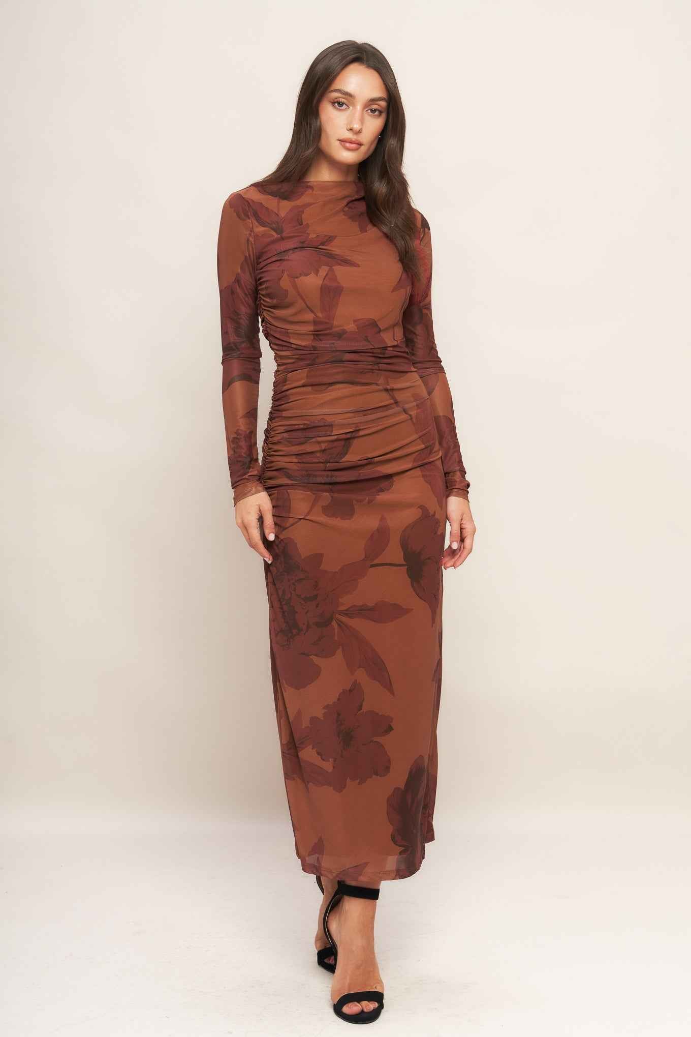 AMBER FLORA POWER MESH MIDI DRESS