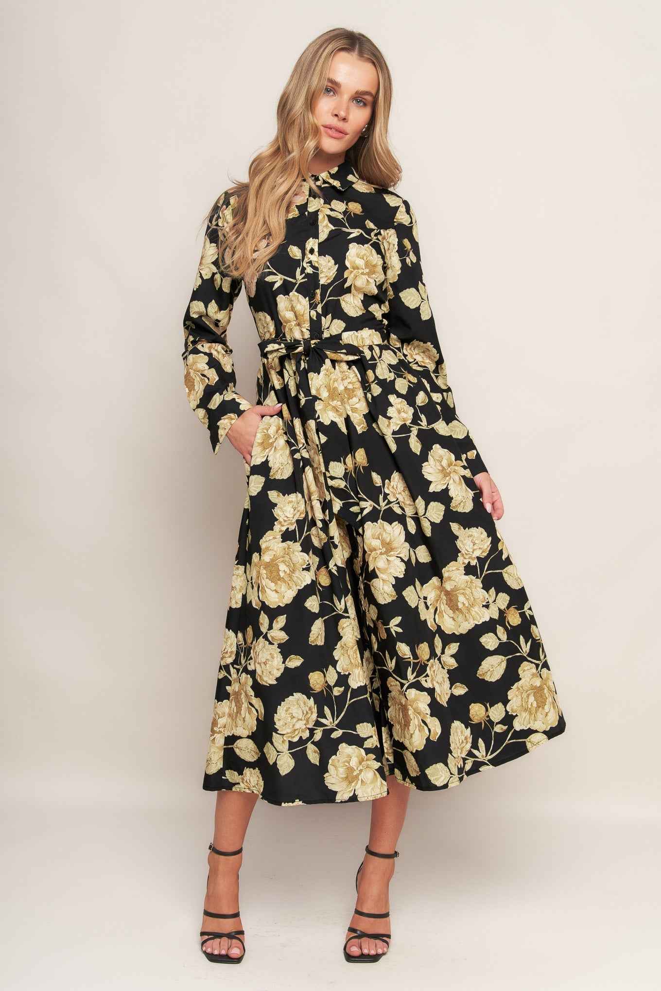 MIDNIGHT BLOOM BLACK WOVEN MIDI DRESS