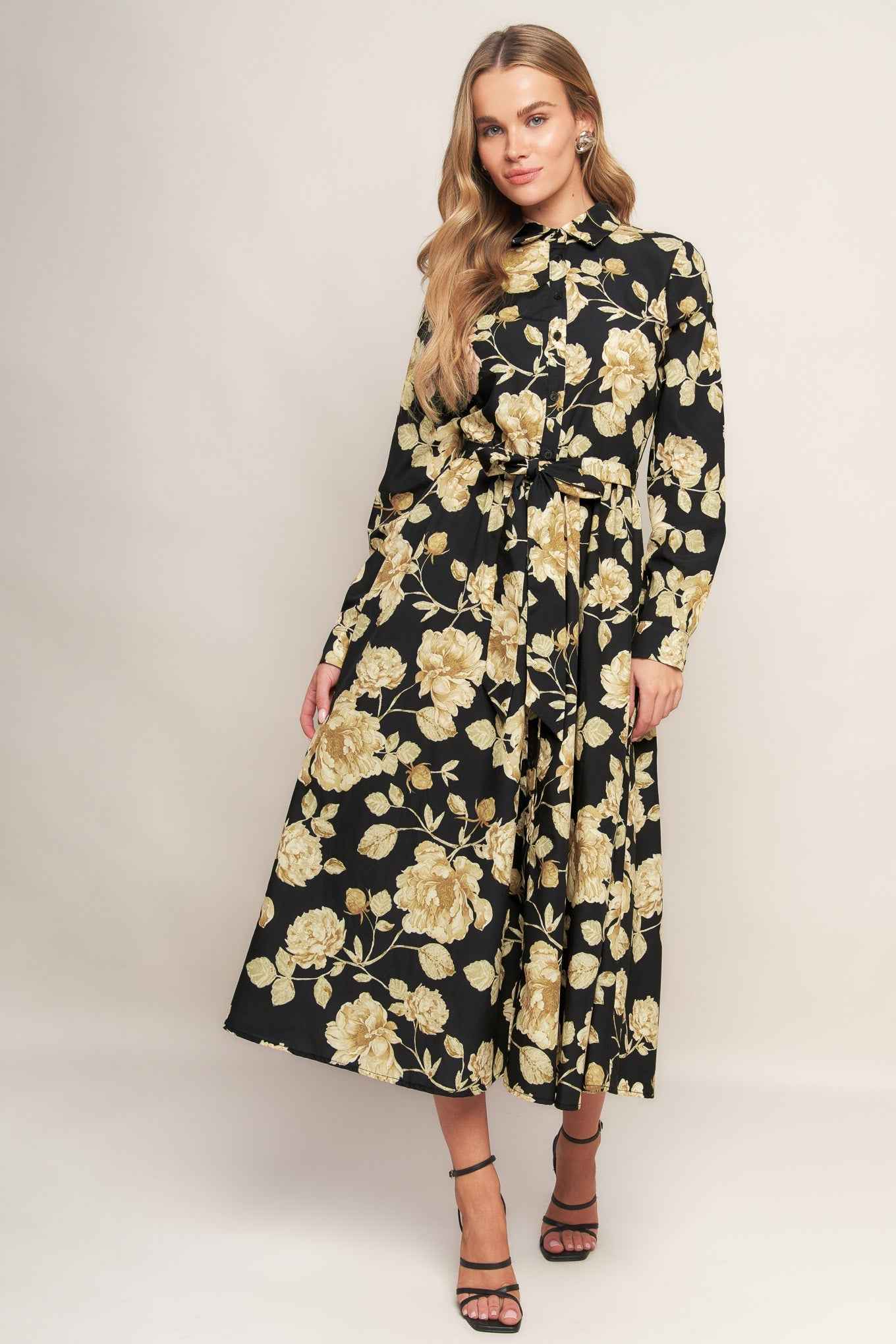 MIDNIGHT BLOOM BLACK WOVEN MIDI DRESS