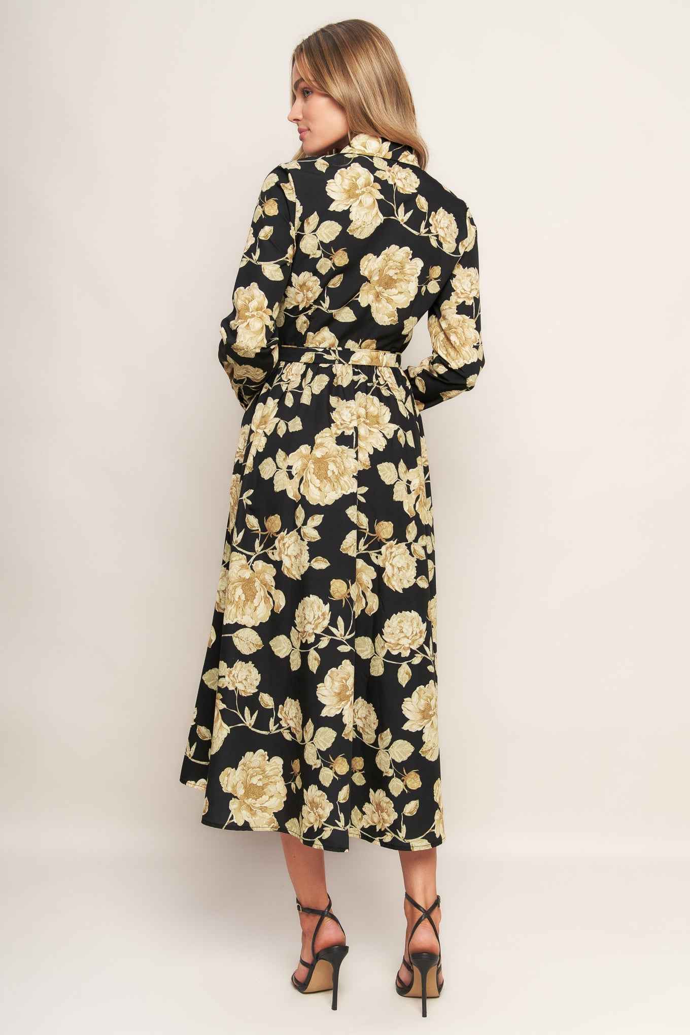 MIDNIGHT BLOOM BLACK WOVEN MIDI DRESS