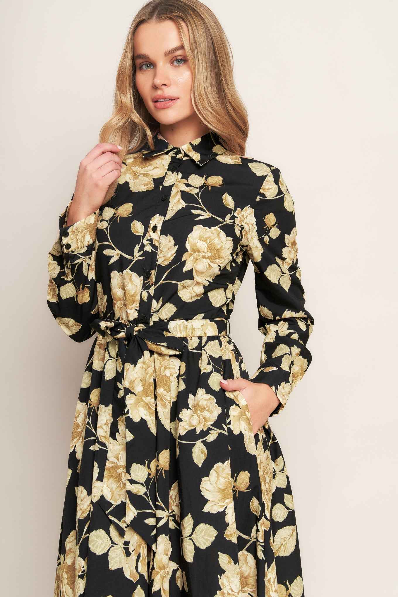 MIDNIGHT BLOOM BLACK WOVEN MIDI DRESS