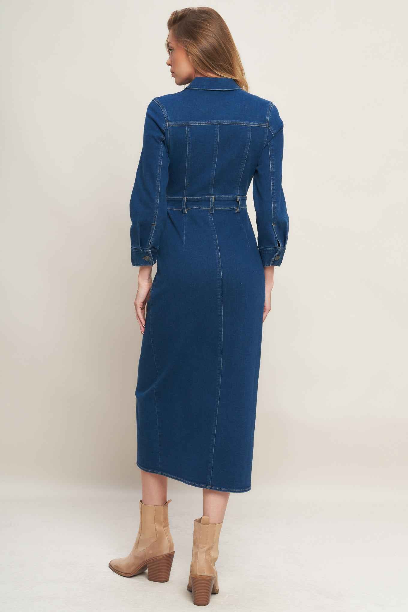 MIDNIGHT DARK INDIGO DENIM MIDI DRESS