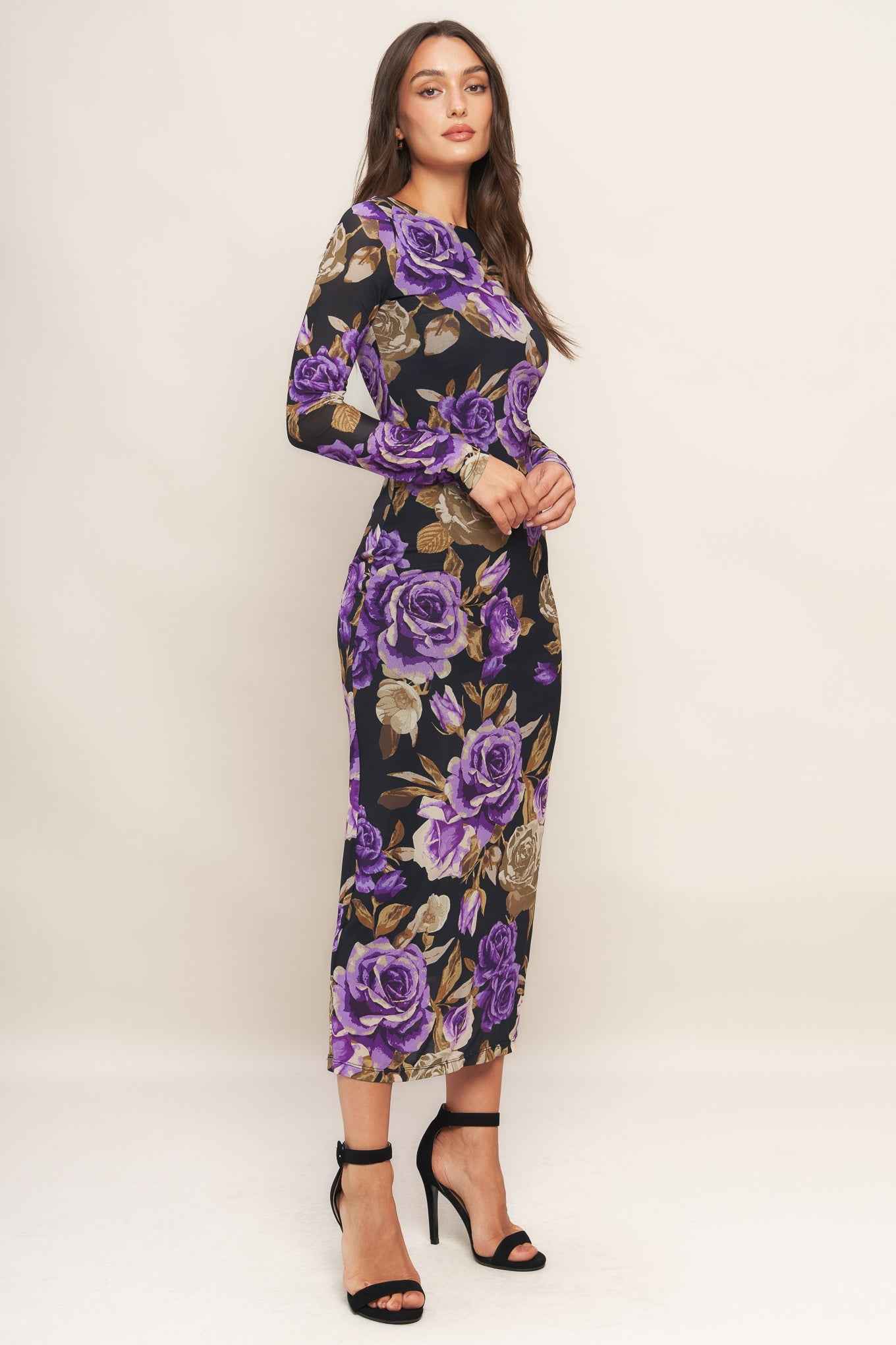 VIOLET EMBRACE POWER MESH MIDI DRESS