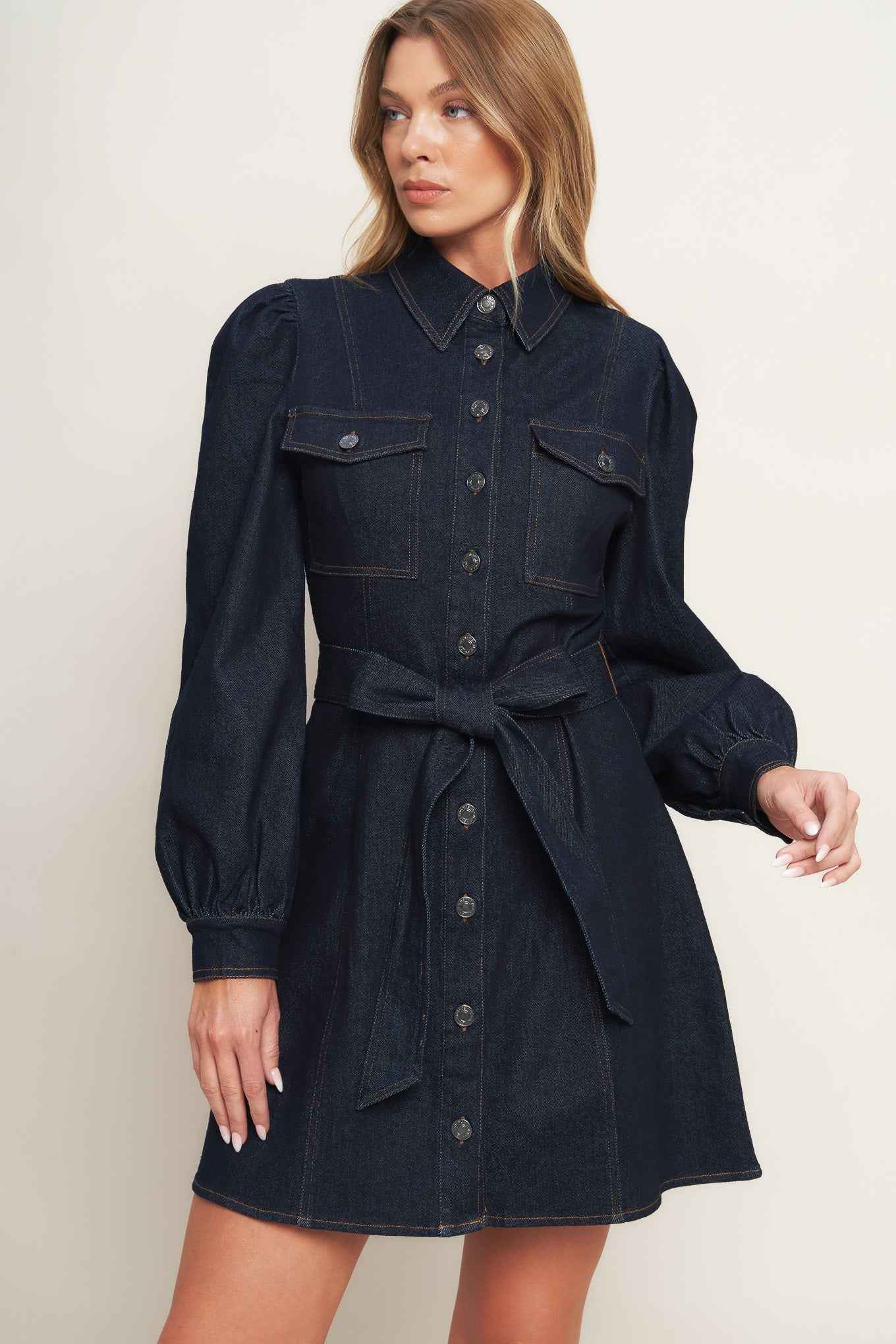 HOLIDAY DARK INDIGO DENIM MINI DRESS