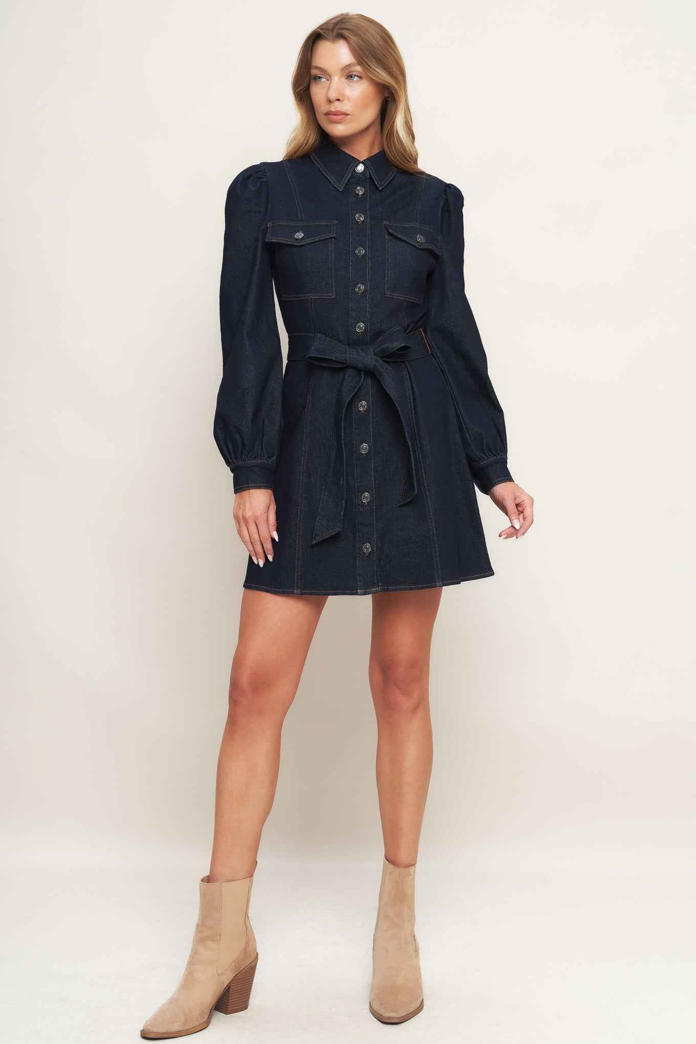 HOLIDAY DARK INDIGO DENIM MINI DRESS