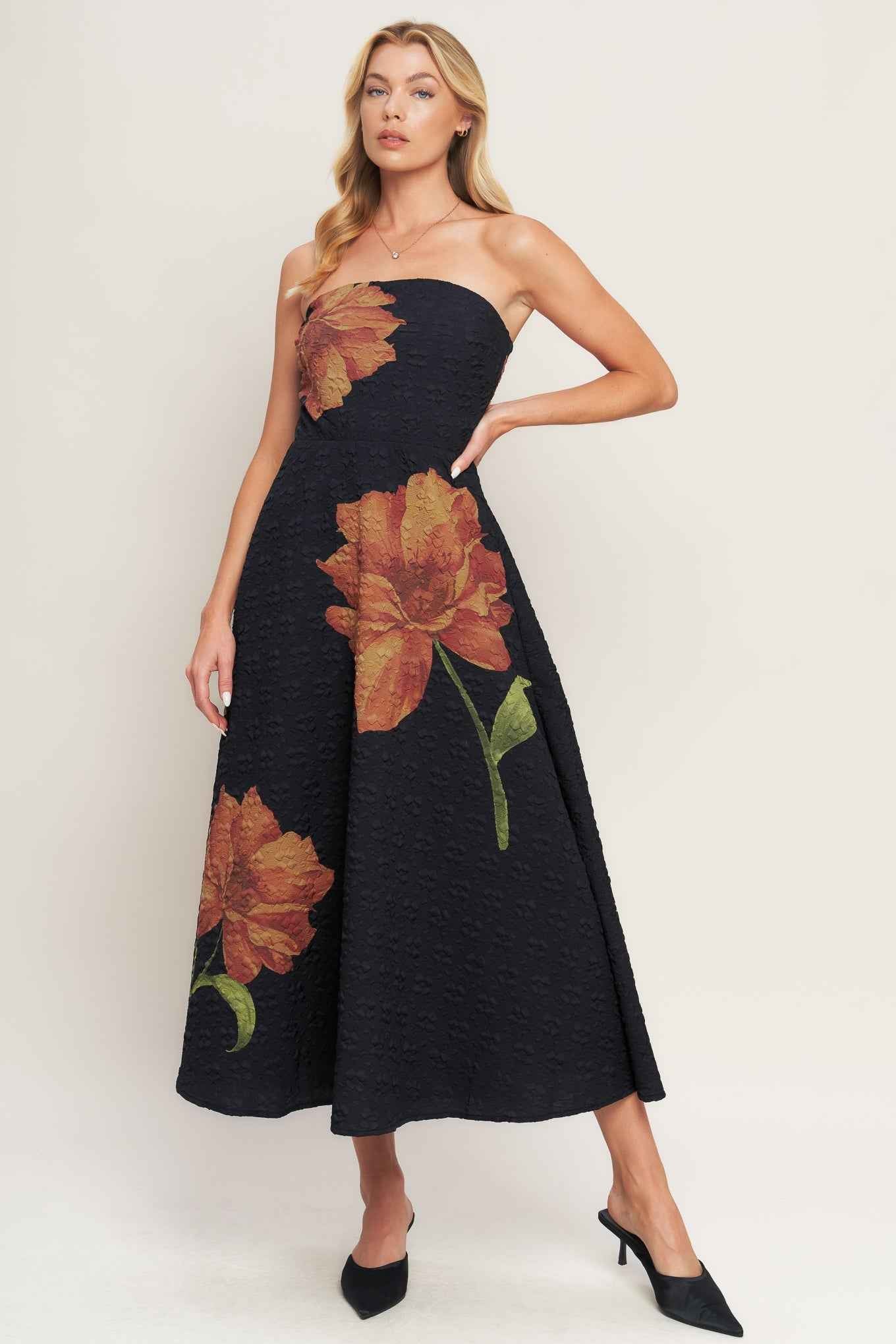 ART NOUVEAU BLOOM WOVEN MIDI DRESS