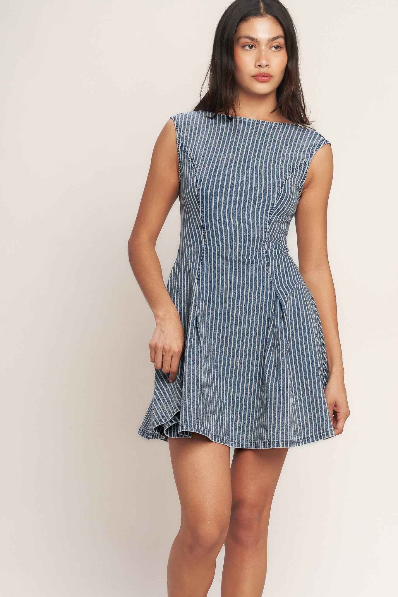 PERFECTLY PLANNED STRIPED DENIM MINI DRESS