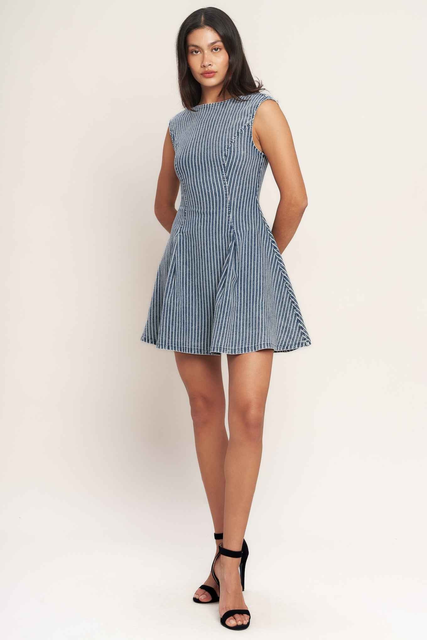PERFECTLY PLANNED STRIPED DENIM MINI DRESS