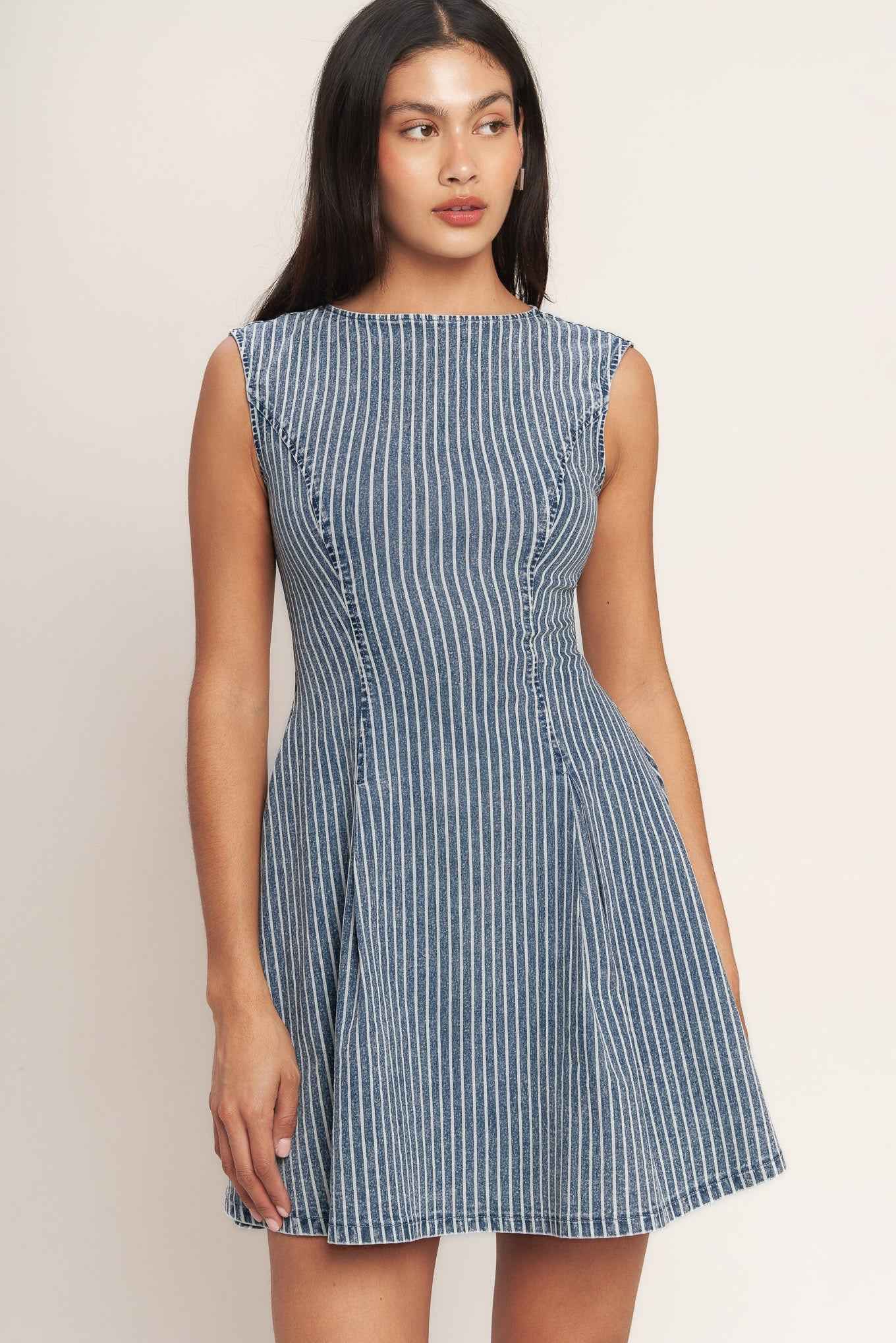 PERFECTLY PLANNED STRIPED DENIM MINI DRESS