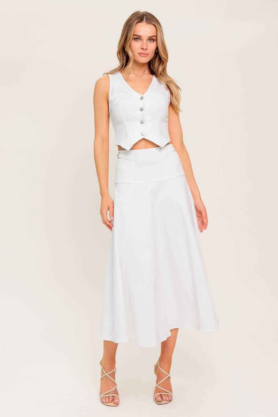 SECRET CHARM WHITE DENIM WOVEN MIDI SKIRT