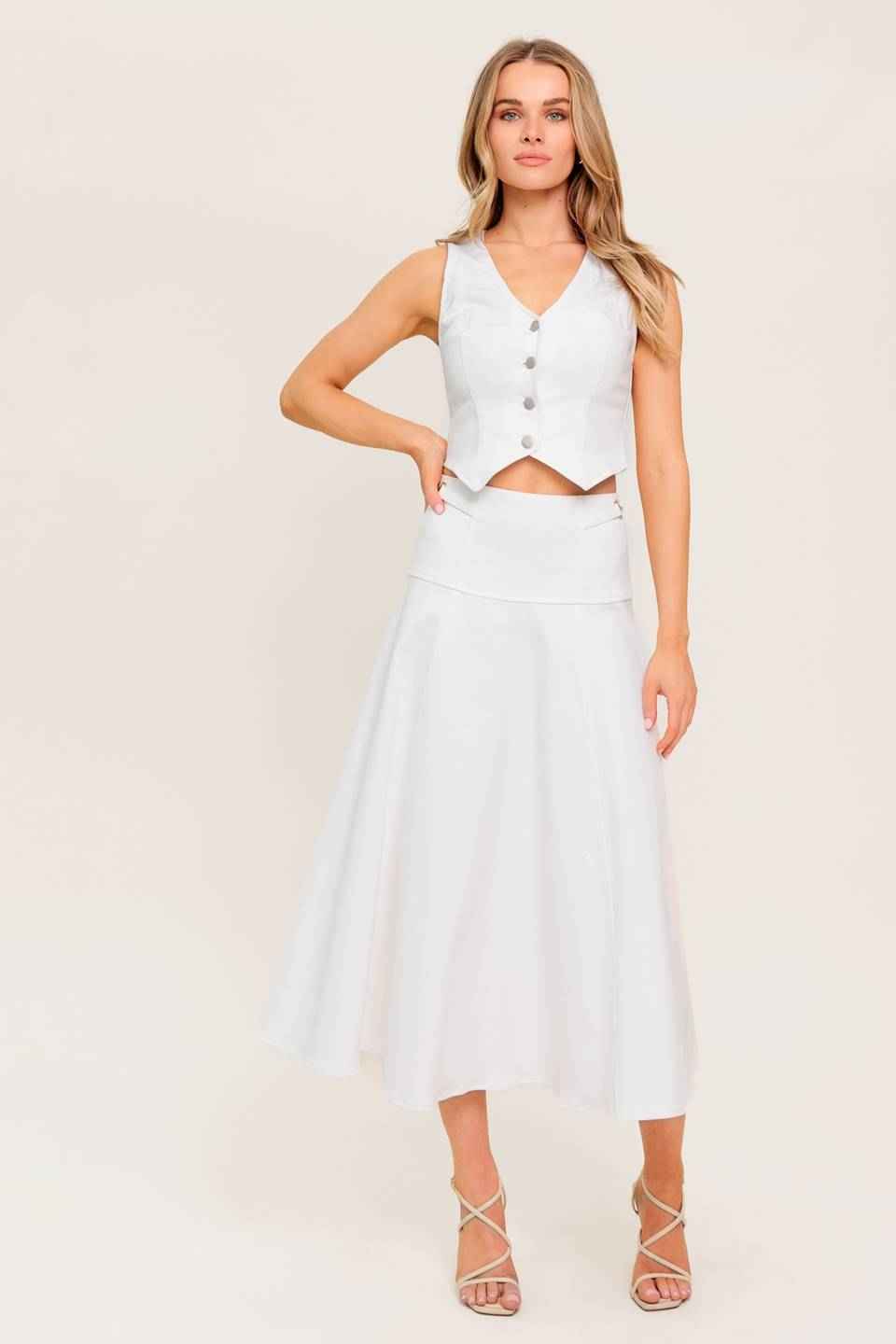SECRET CHARM WHITE DENIM WOVEN MIDI SKIRT