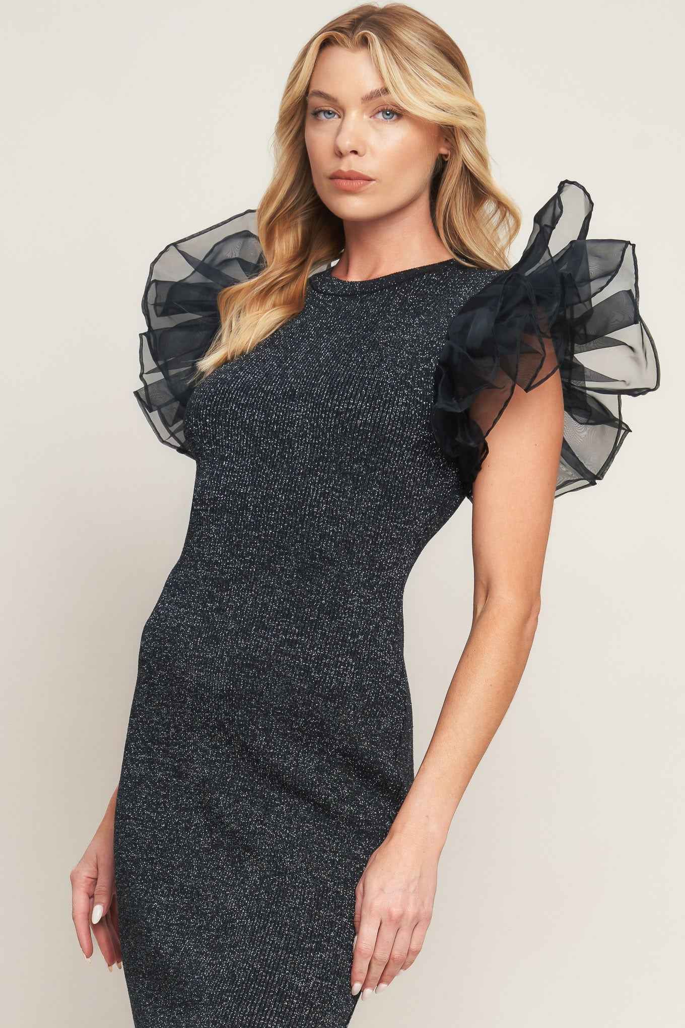 VOLUMINOUS POWER METALLIC MIDI DRESS